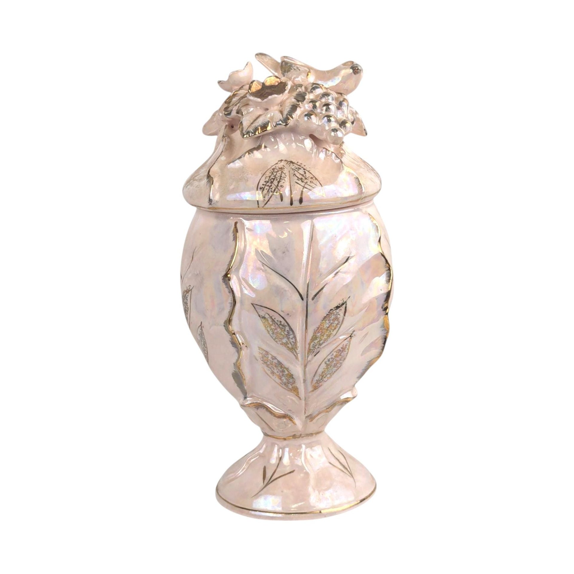 Vintage Pink Lusterware Compote Jar with Birds Gold Trim Decorative Ceramic Candy Dish Gift for Her