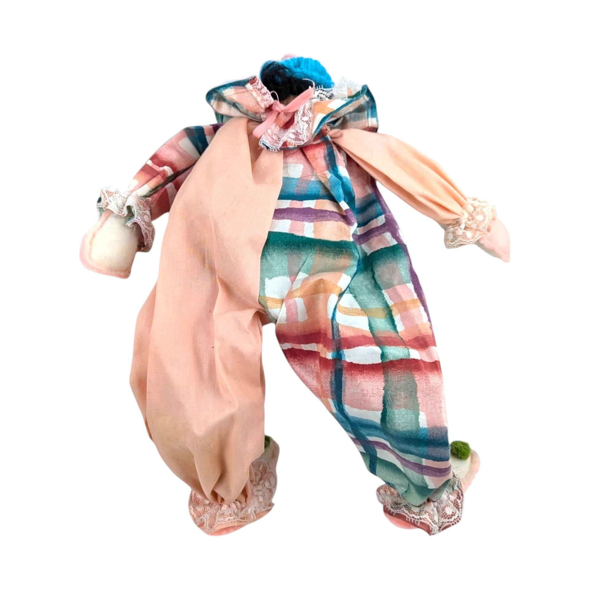 Vintage Handmade Wood Block Clown Doll, Plaid and Pink Outfit, Collectible Toy, Unique Gift