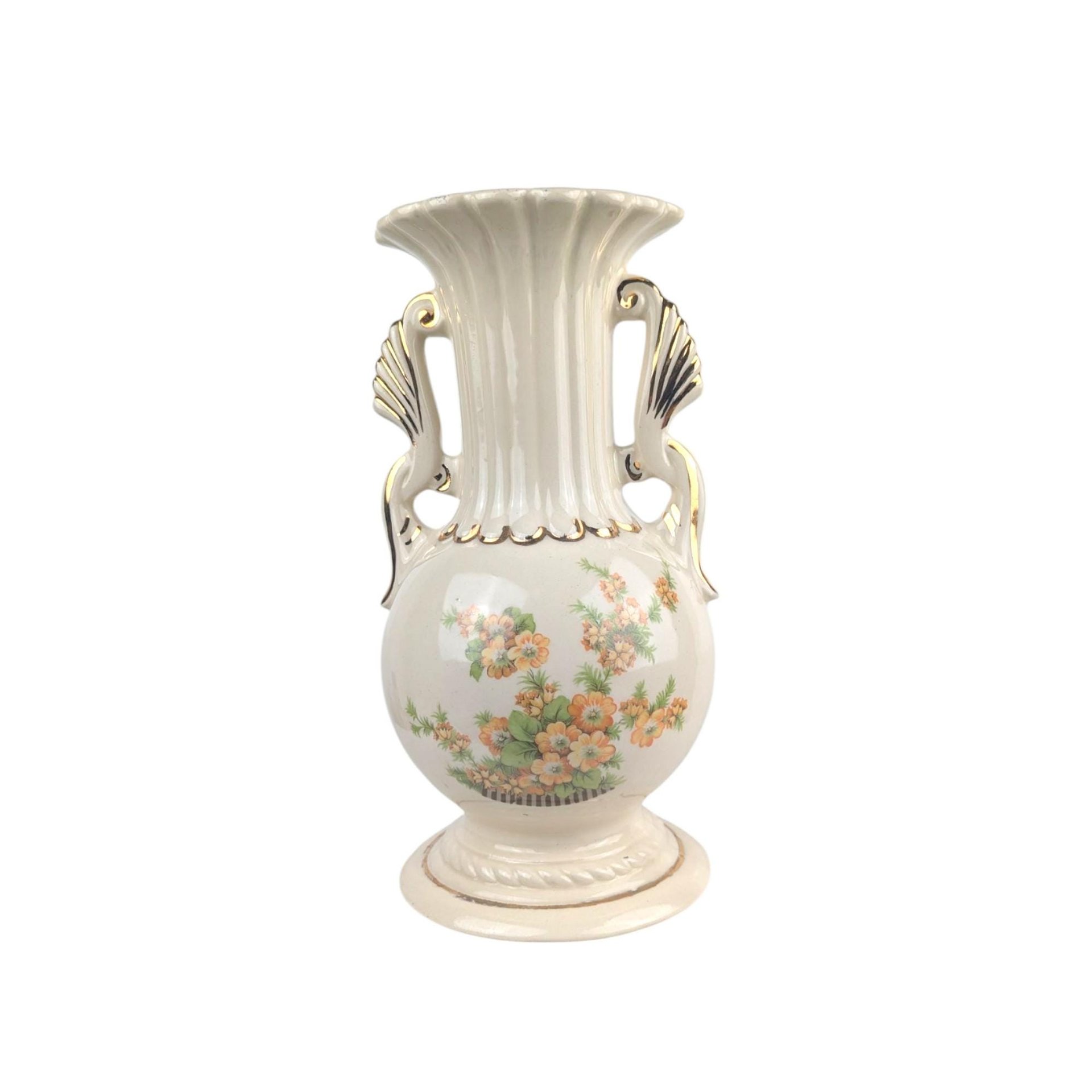 Vintage Floral Vase with Handles: 10 Inch USA Pottery for Farmhouse Mantle Decor