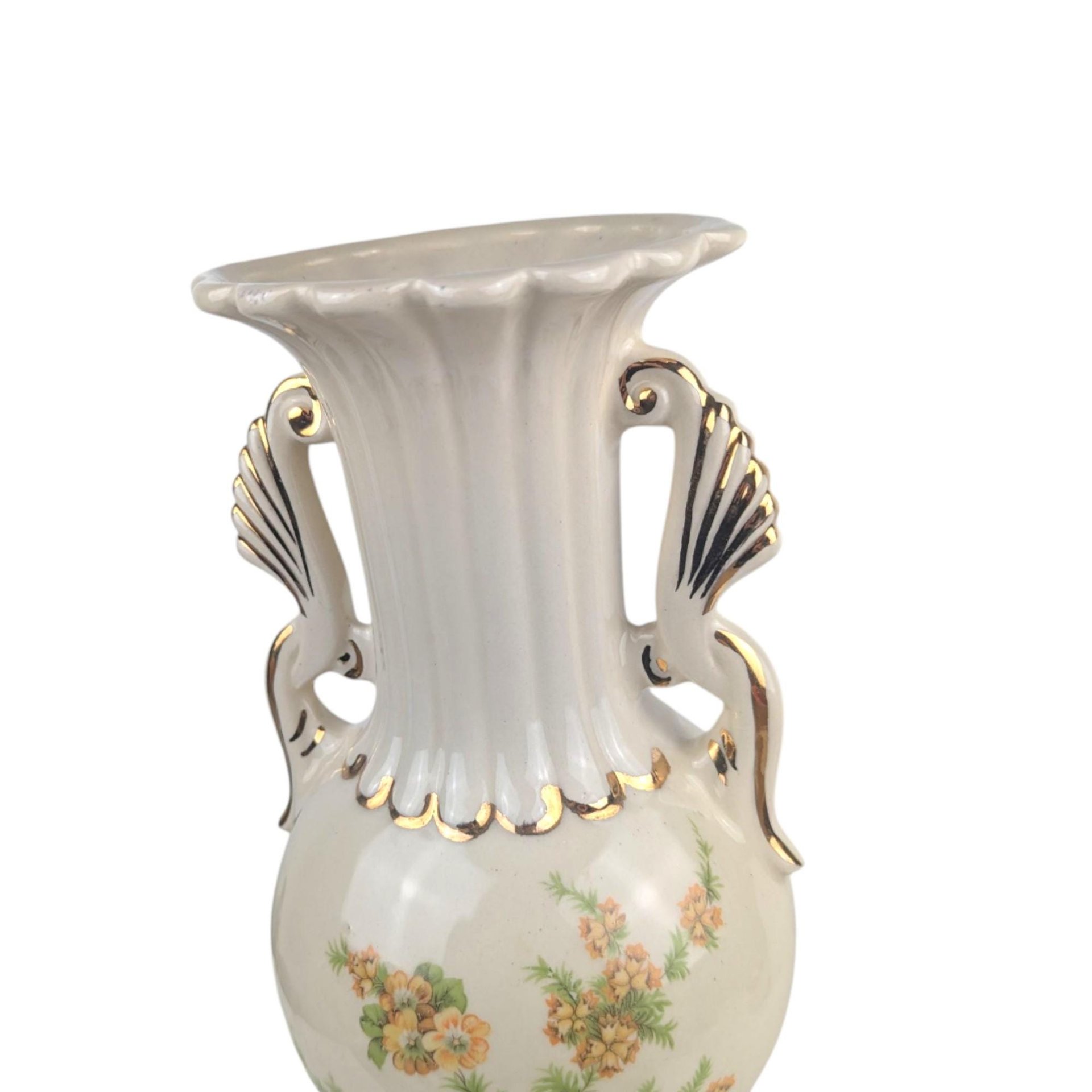 Vintage Floral Vase with Handles: 10 Inch USA Pottery for Farmhouse Mantle Decor