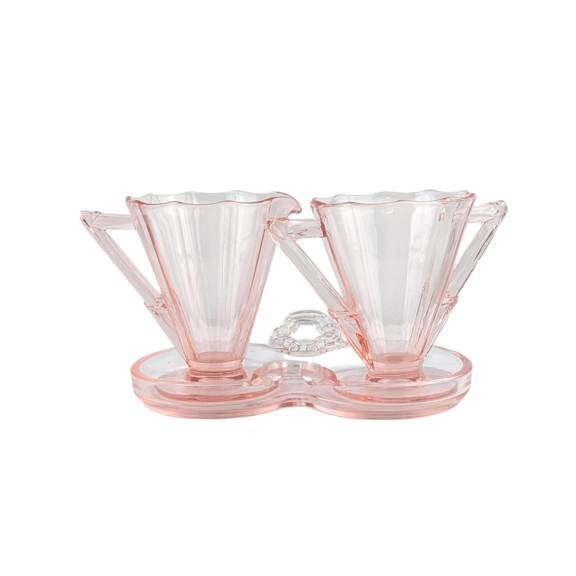 Vintage Creamer and Sugar Set in Pink Glass, Complete Art Deco 3 Piece Tray Set for Coffee Bar or Tea Party