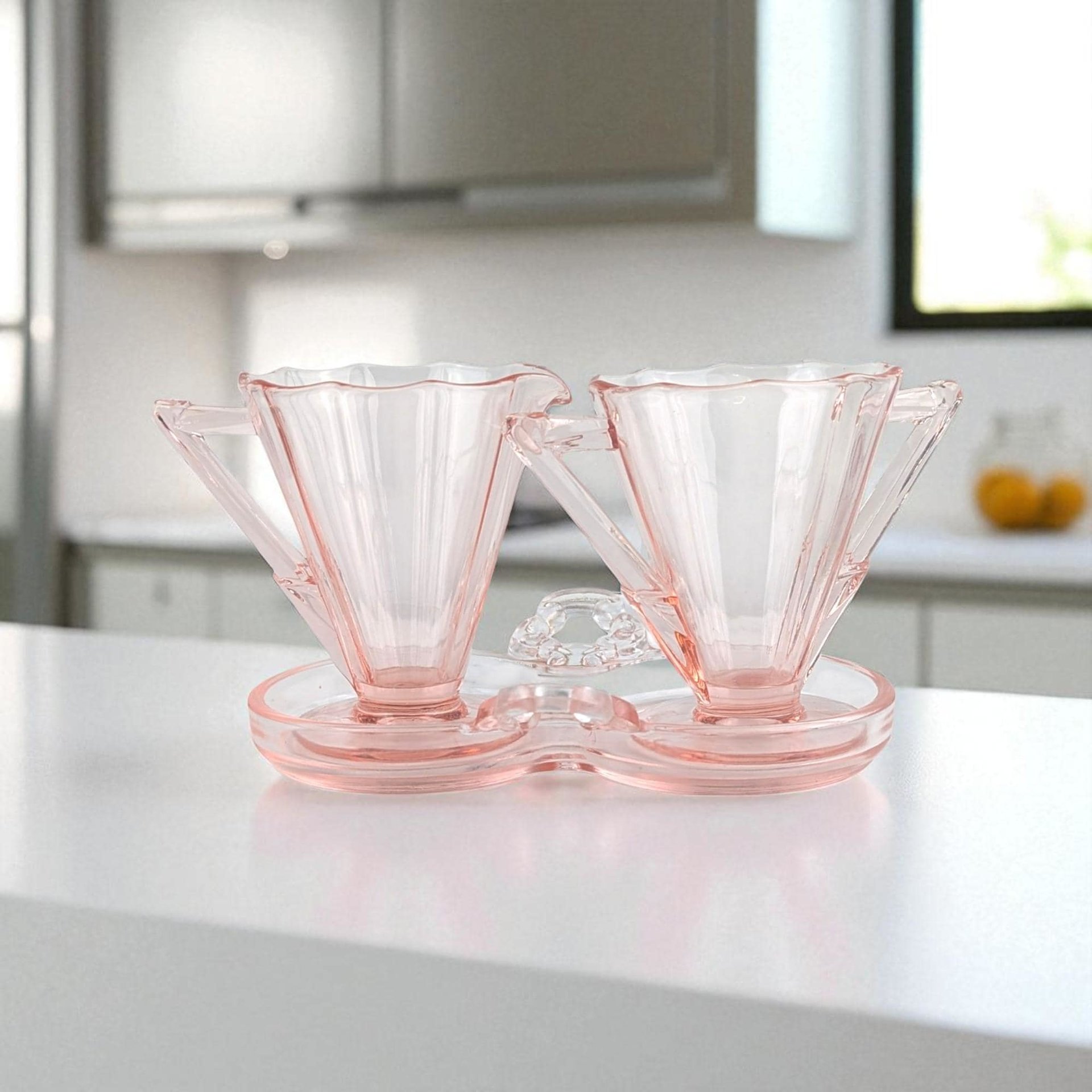 Vintage Creamer and Sugar Set in Pink Glass, Complete Art Deco 3 Piece Tray Set for Coffee Bar or Tea Party