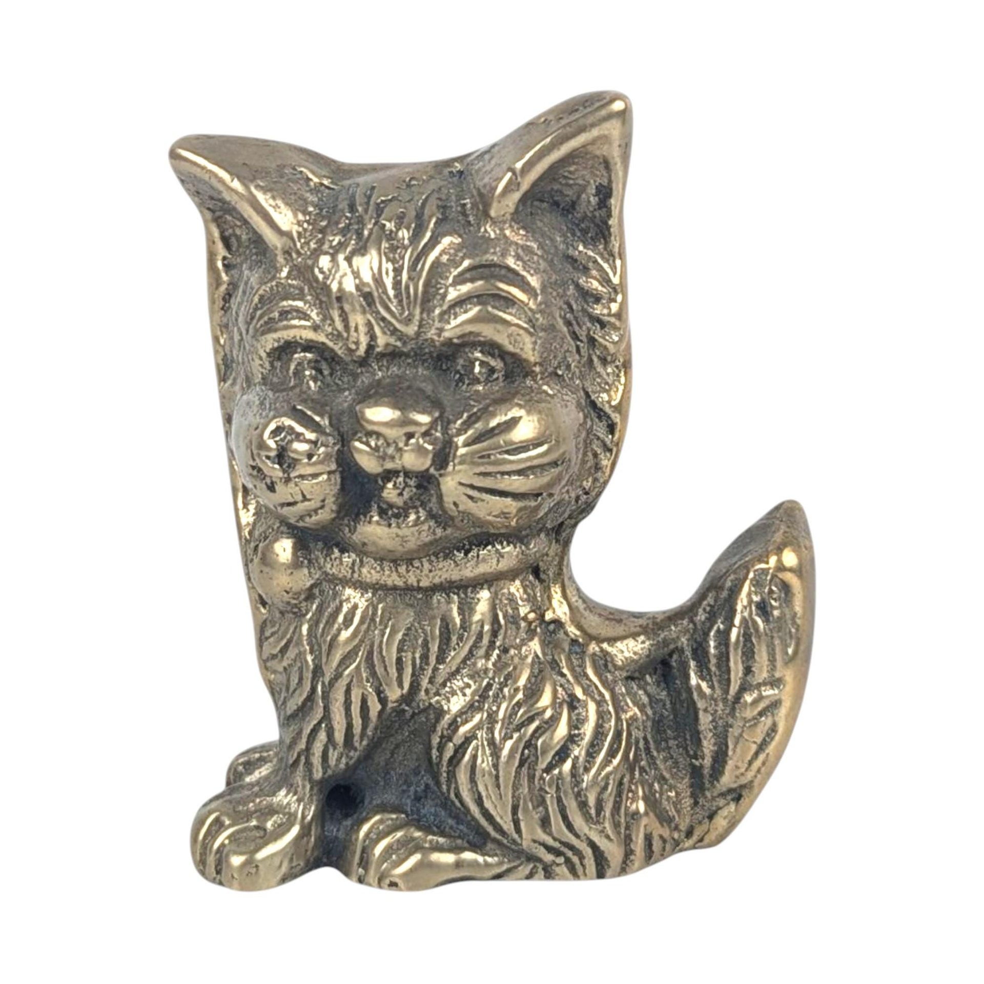 Vintage Brass Cat Figurine, Small Scruffy 'Ugly' Cat Statue, 2.5 Inch Metal Animal Figure, Cat Lover Gift, Bookshelf Paperweight