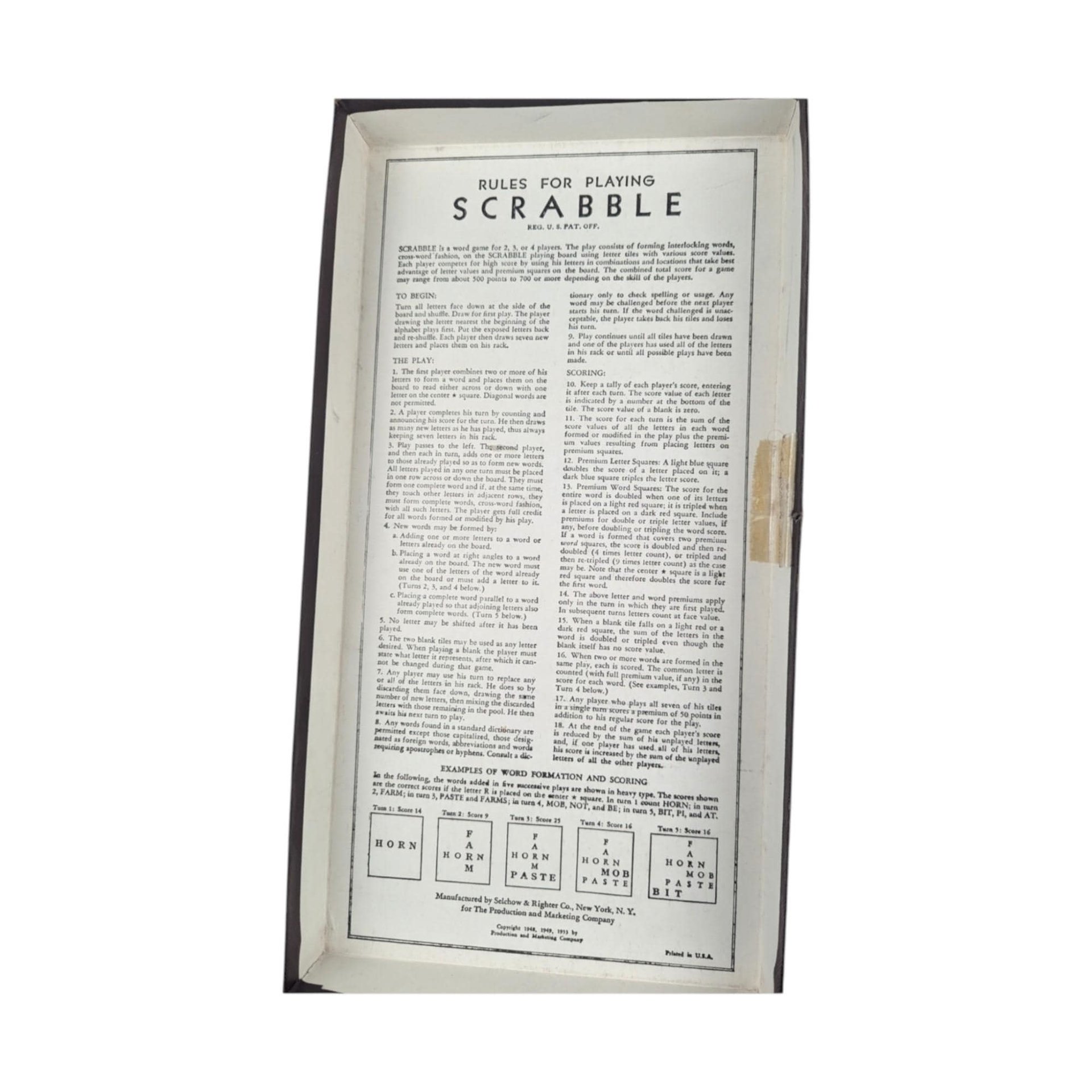 Vintage 1953 Scrabble Game: Selchow & Righter, Missing 1 Tile, Instructions Inside Box