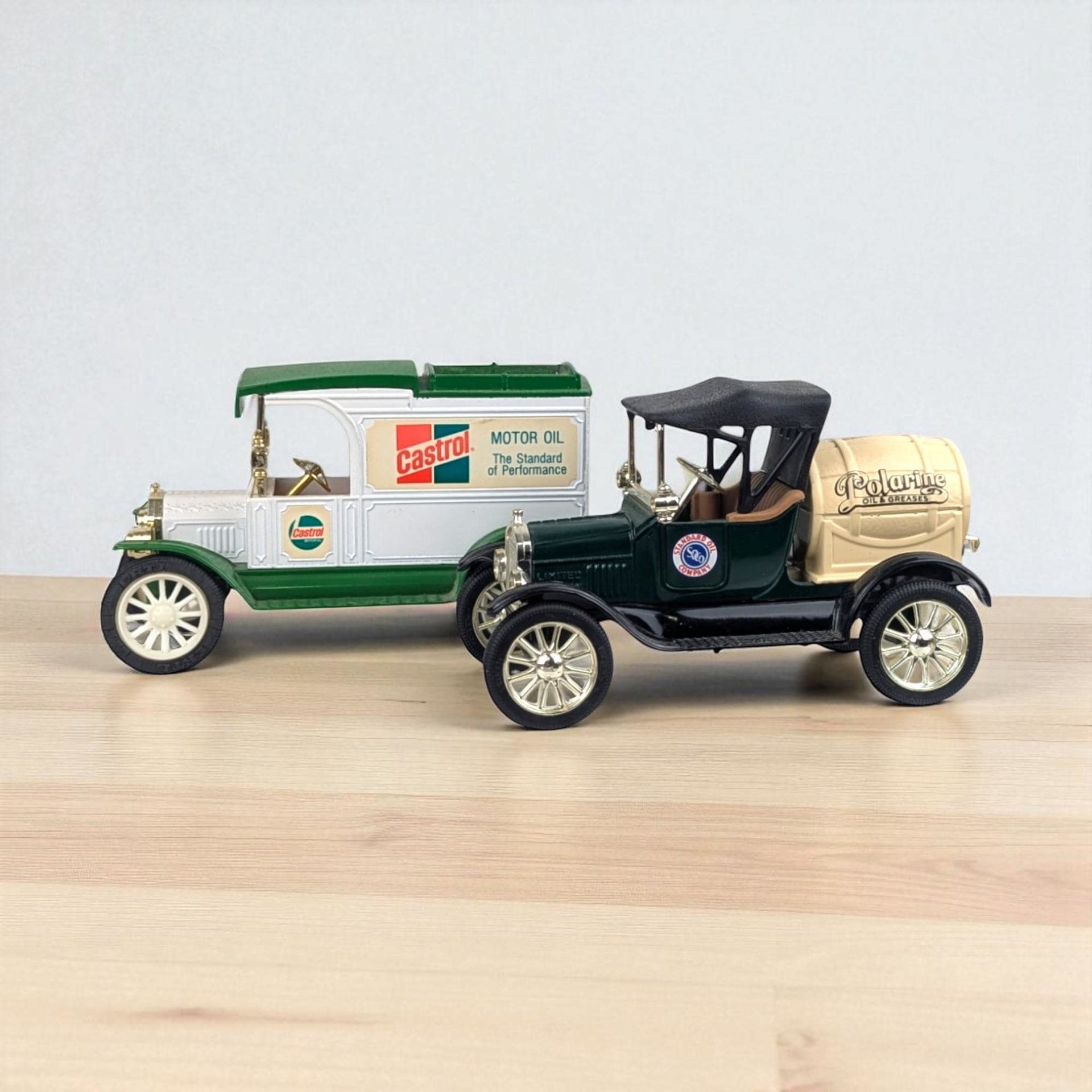 Vintage Oil Company Diecast Banks - Castrol & Polarine Model T Trucks - With Box