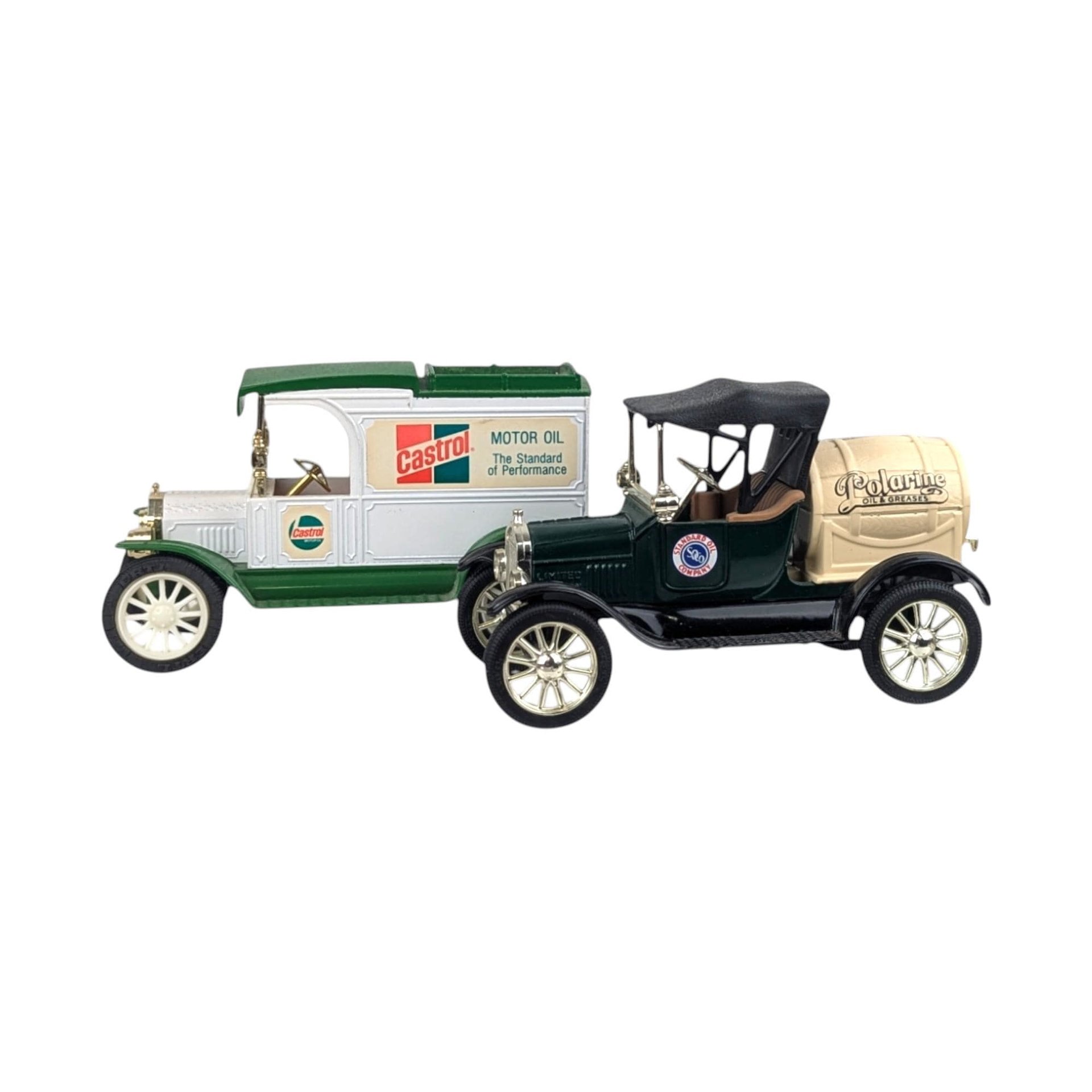 Vintage Oil Company Diecast Banks - Castrol & Polarine Model T Trucks - With Box