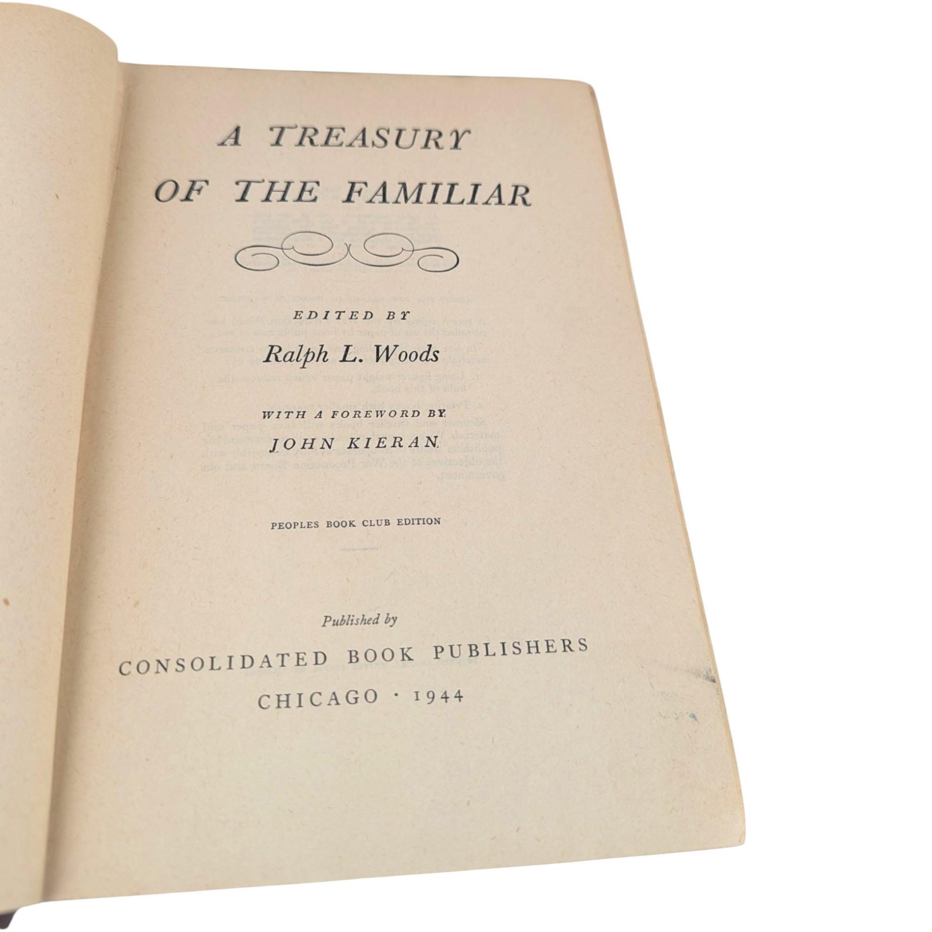 1944 Treasury of the Familiar Anthology, Vintage Literature Collection, Edited by Ralph Woods