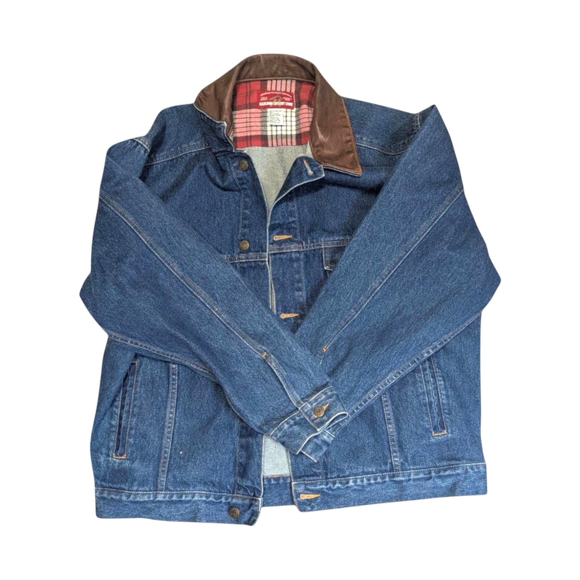 Vintage Marlboro Country Store Denim Jacket XL, Collector Jean Coat with Brown Leather Collar