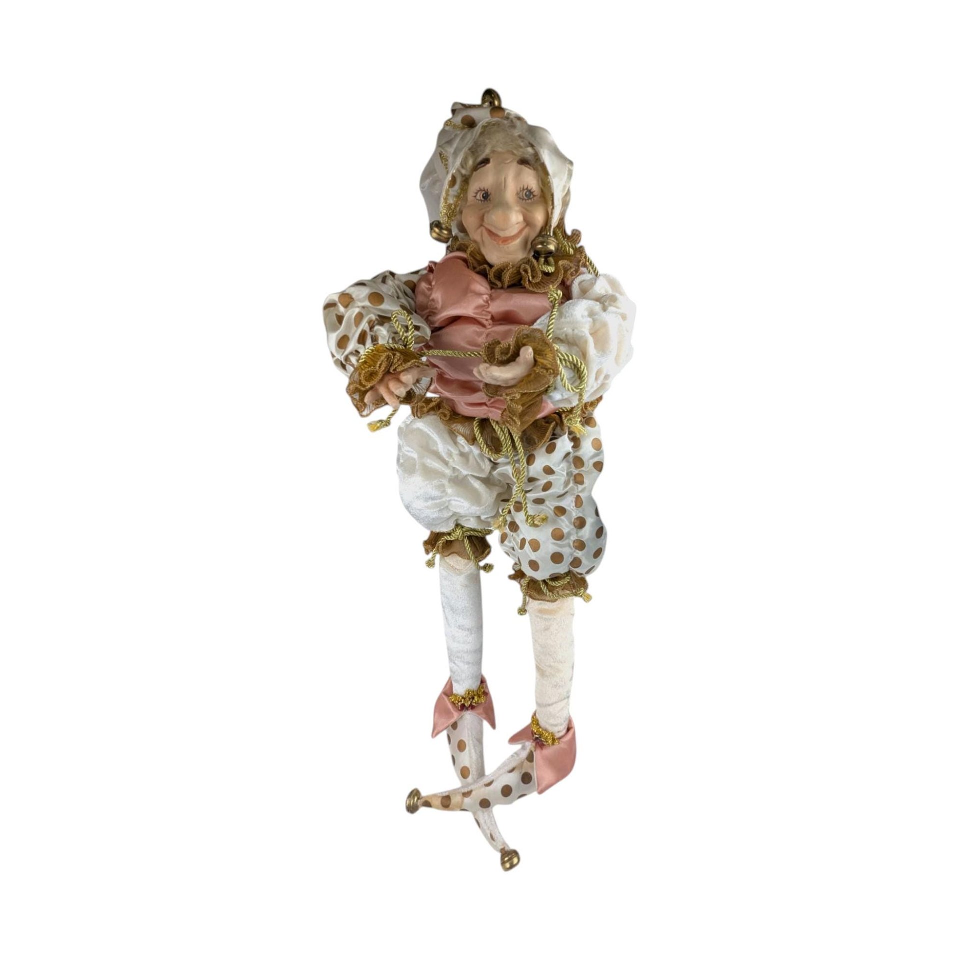 Vintage Pink Gold White Jester Doll, Large Sitting Harlequin Figure, Unique Decor Clown