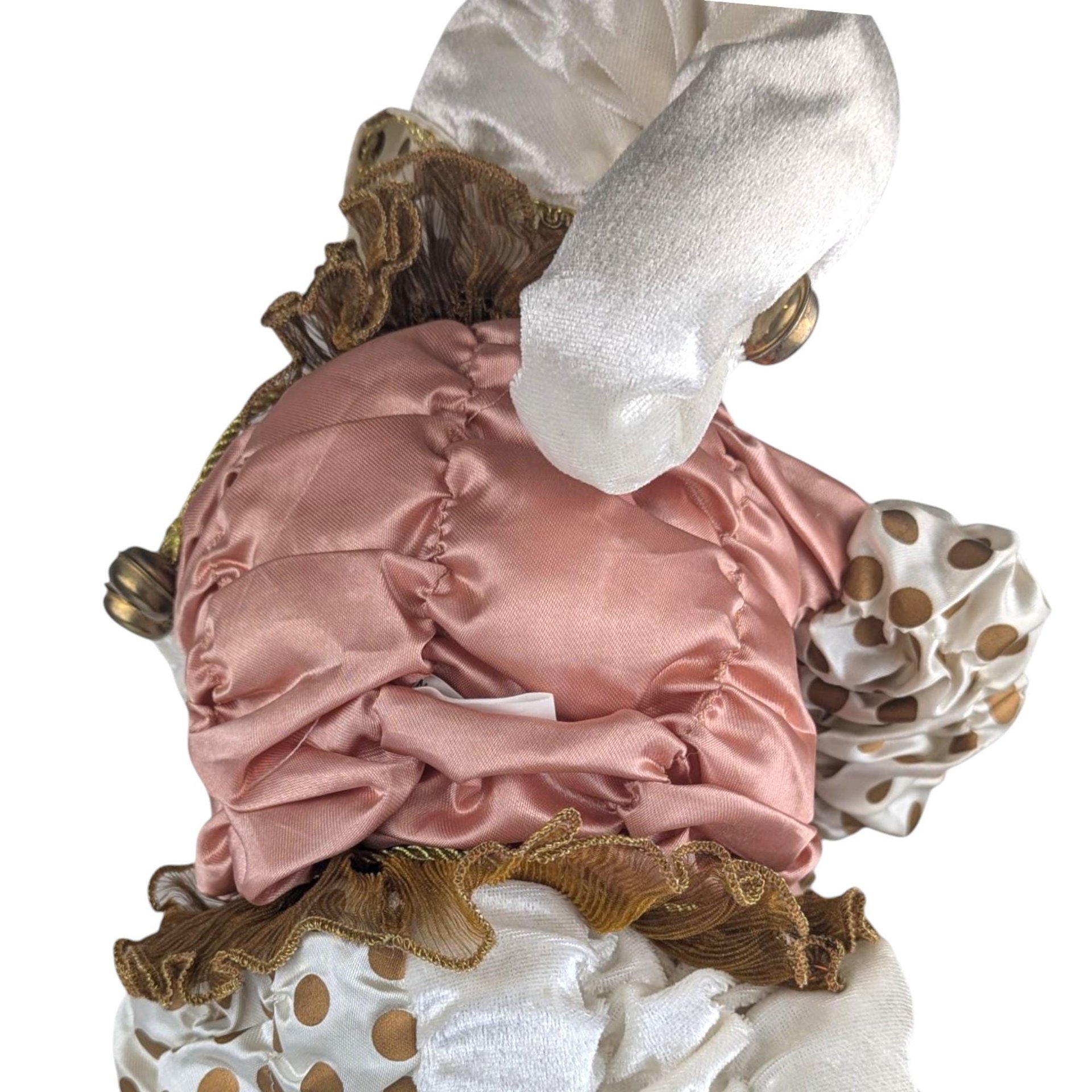 Vintage Pink Gold White Jester Doll, Large Sitting Harlequin Figure, Unique Decor Clown