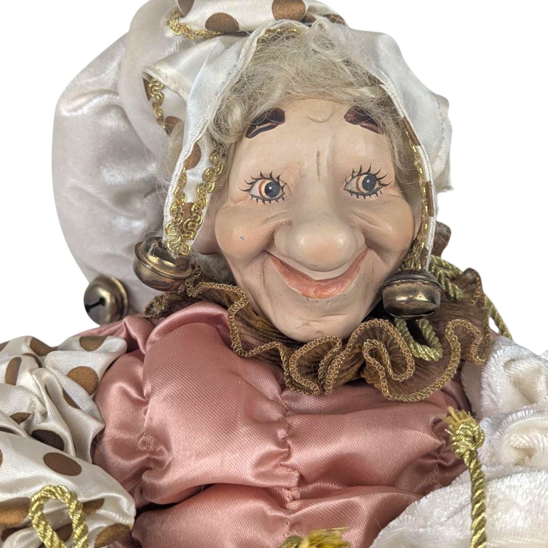 Vintage Pink Gold White Jester Doll, Large Sitting Harlequin Figure, Unique Decor Clown