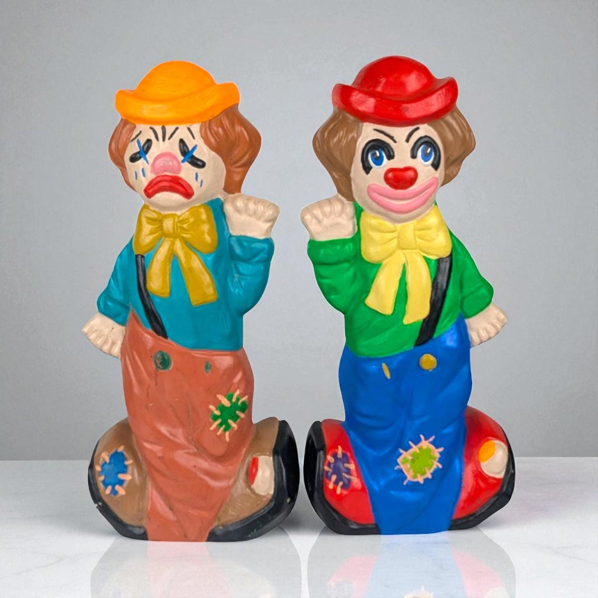 1975 Ceramic Two-Face Clown Bank Pair, Vintage Happy Sad Piggy Banks, Circus Decor