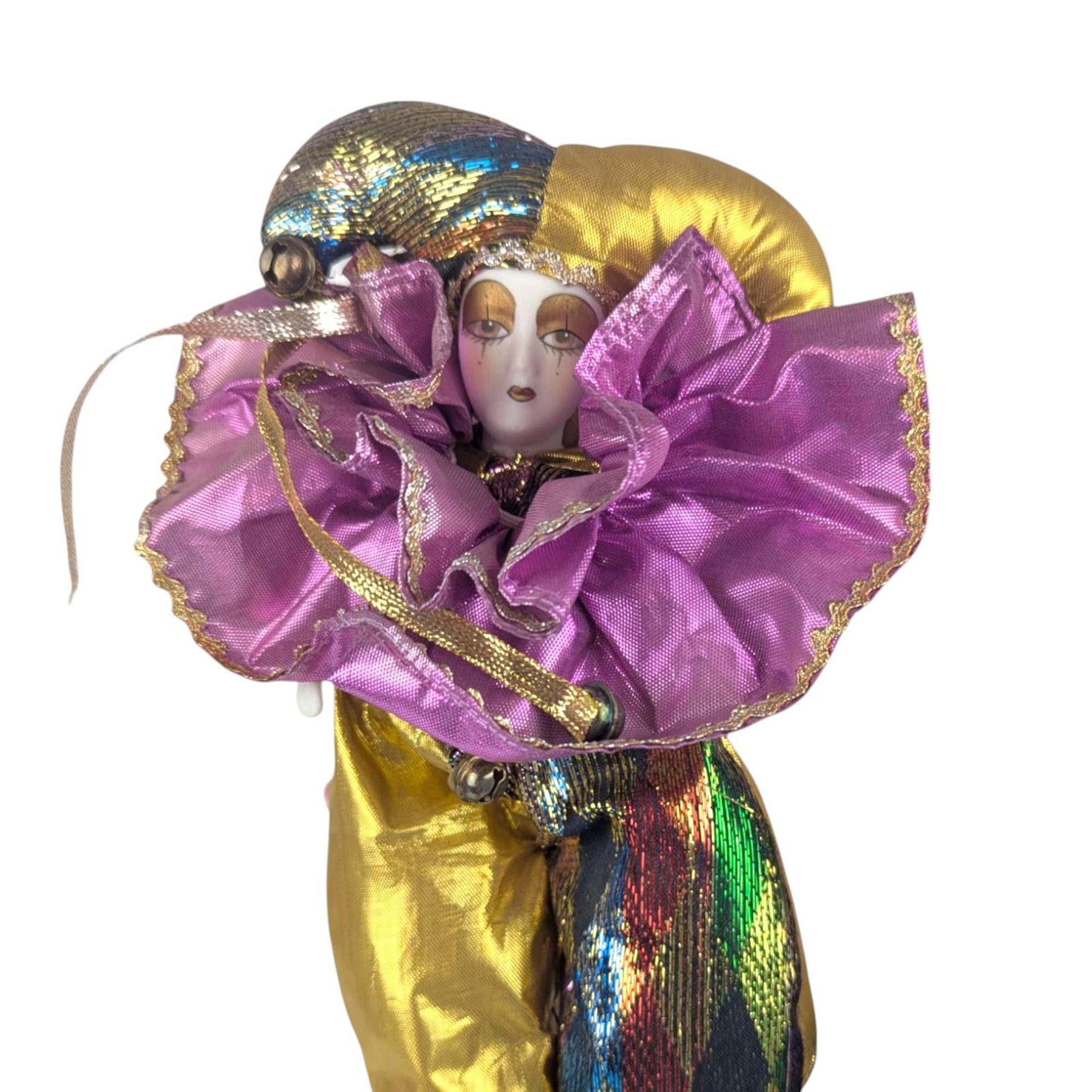 Vintage Gold Purple Jester Doll, Small Harlequin Figurine, Elegant Clown Decor