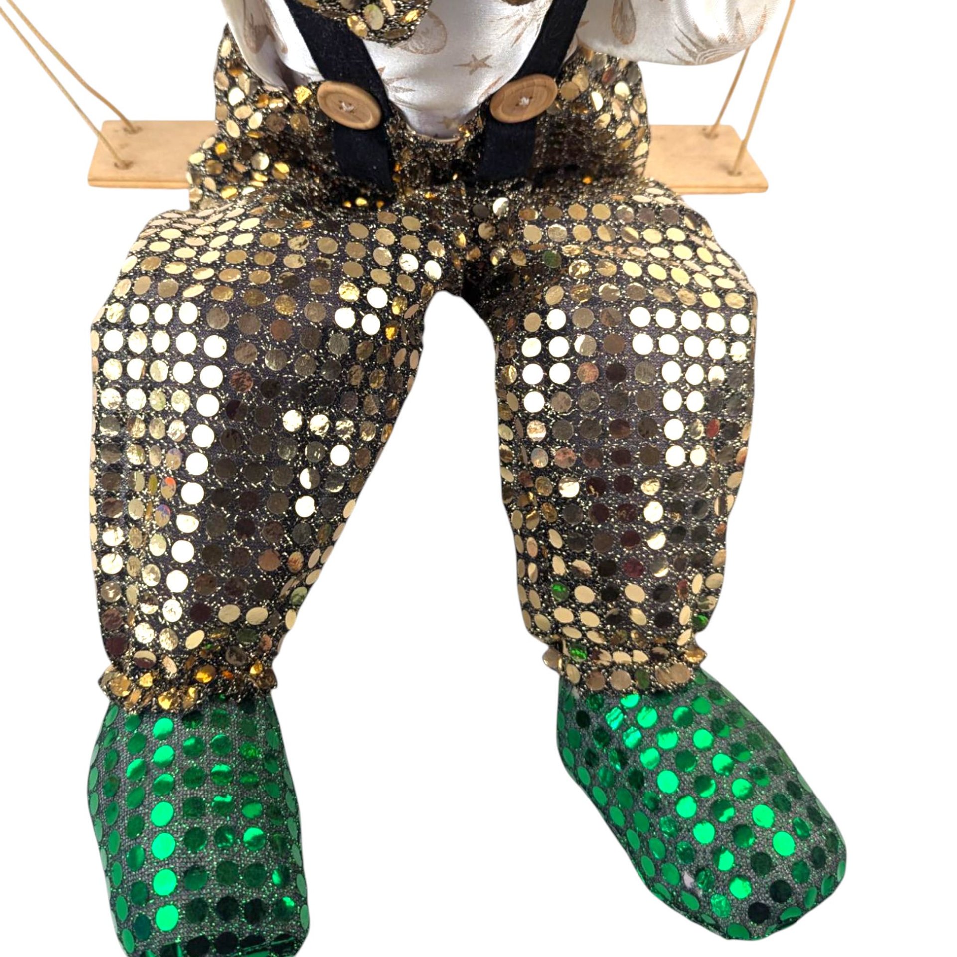 Vintage Porcelain Clown Doll on Swing, Green Gold Sequin Clown Figure, Hanging Circus Decor, Collectible Clown