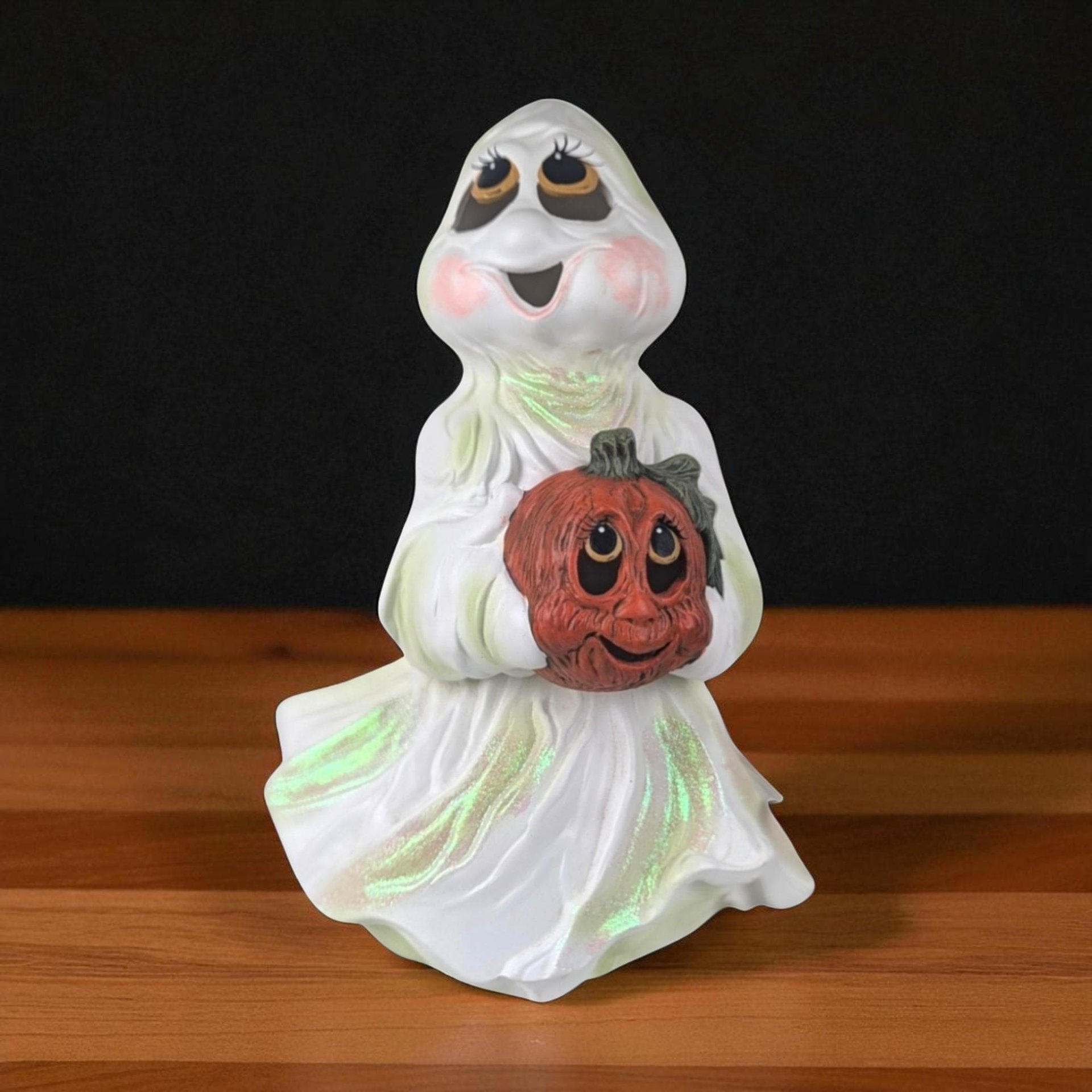 Vintage Holland Mold Ceramic Ghost Light, Halloween Decor, Jack O'Lantern, Ghost with Pumpkin, Collectible Figurine