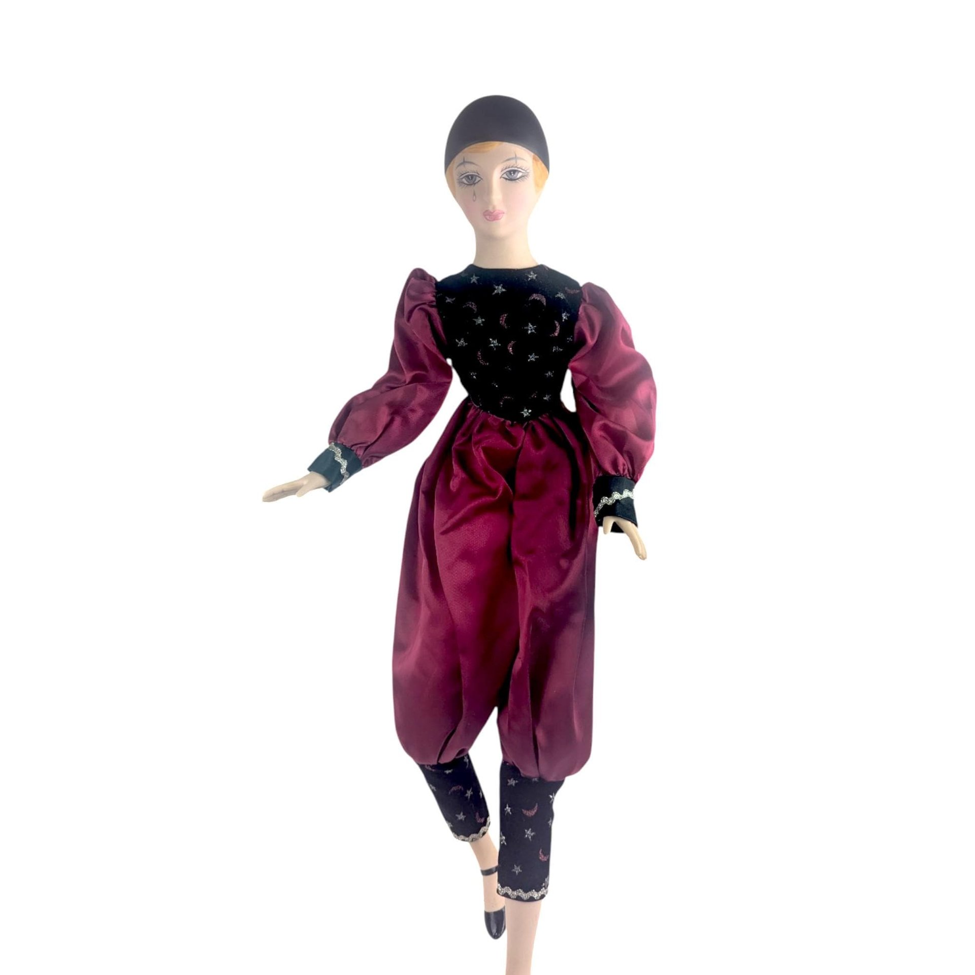 Vintage Pierrot Clown Doll, Porcelain Harlequin with Burgundy Red and Black Celestial Moons Stars Outfit, 18 Inch Gothic Decor Doll
