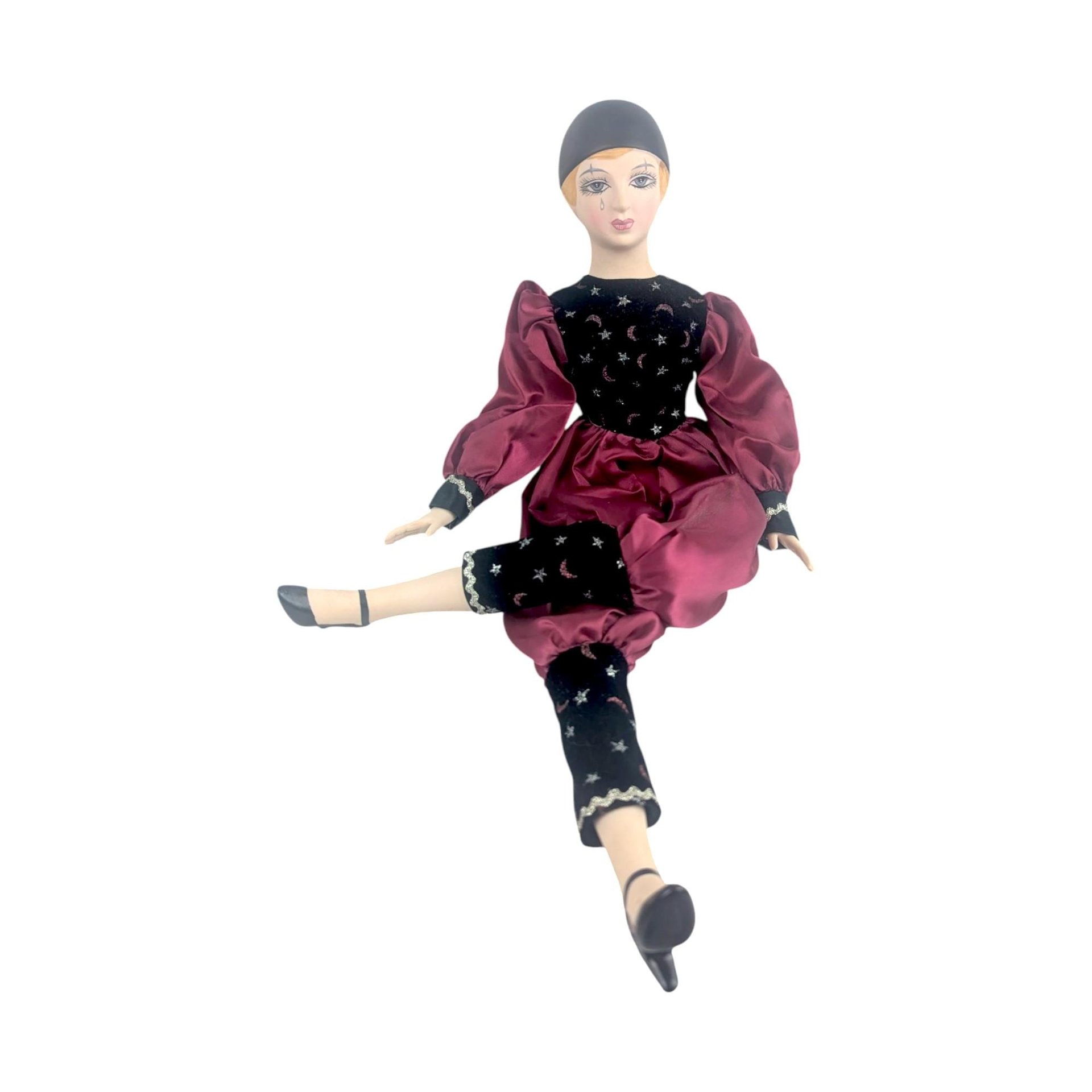 Vintage Pierrot Clown Doll, Porcelain Harlequin with Burgundy Red and Black Celestial Moons Stars Outfit, 18 Inch Gothic Decor Doll