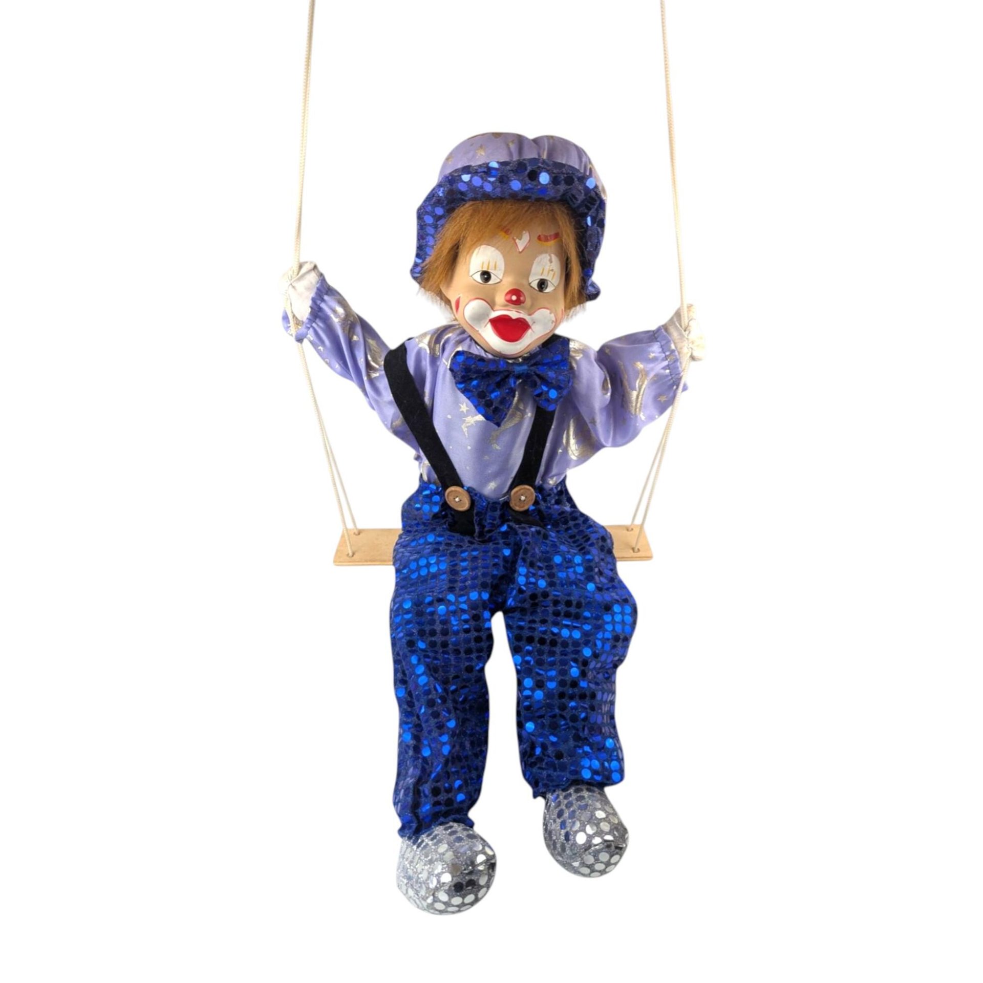 Vintage Porcelain Blue Clown Doll, Hanging, Collectible Circus Decor