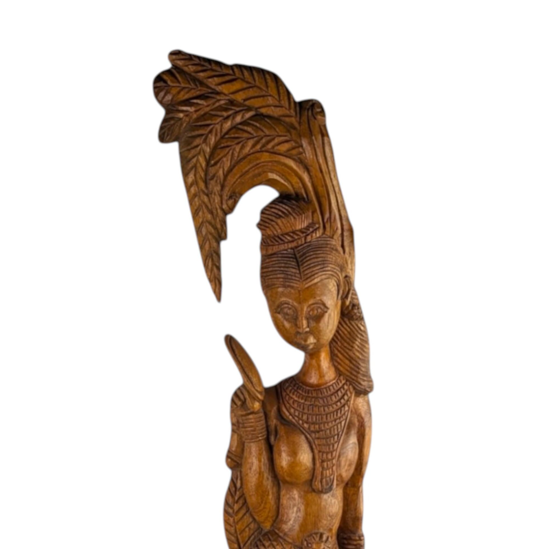 Vintage Hand-Carved Wooden Woman with Palm Frond Sculpture - 27" Tribal Art - Wood Statue - African Art
