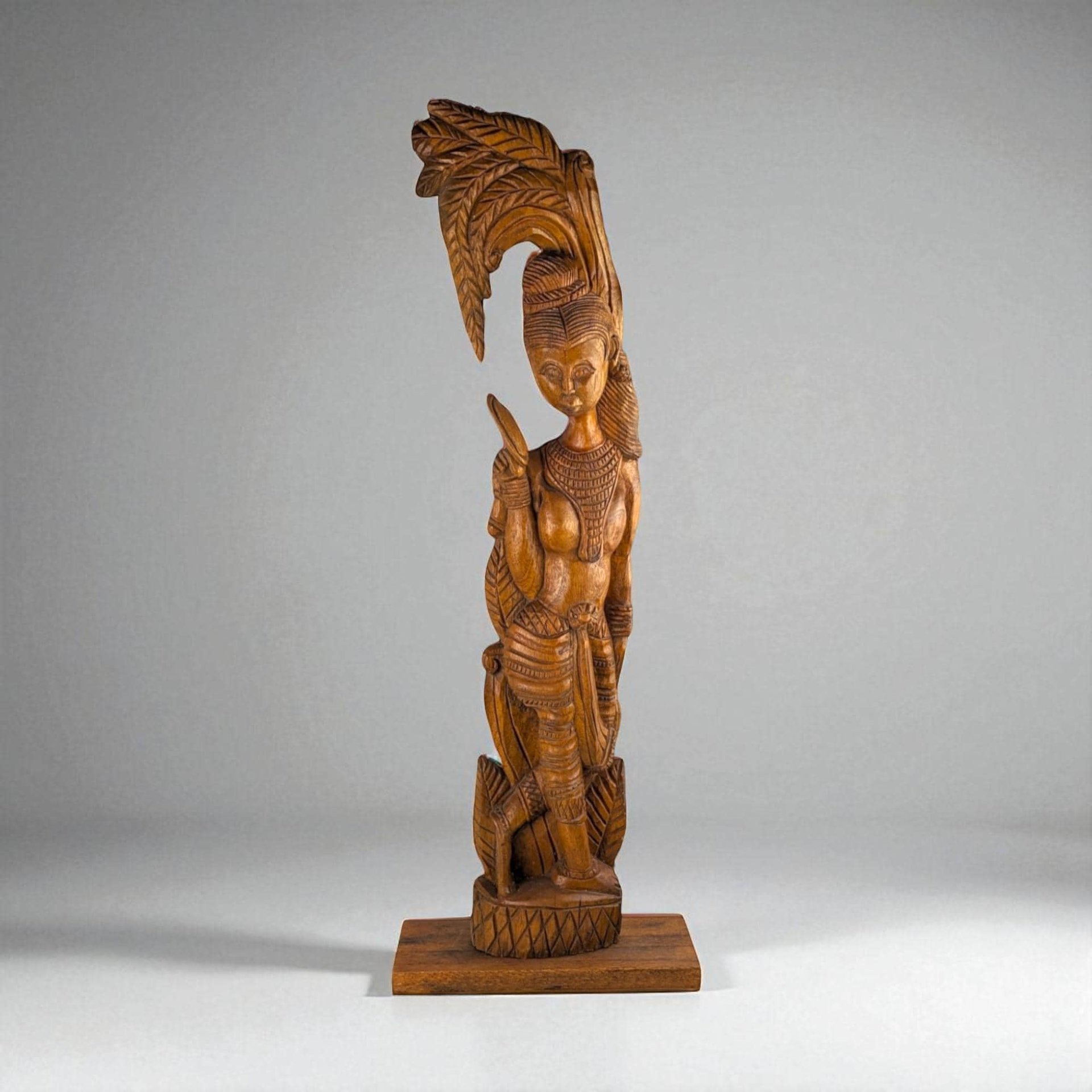 Vintage Hand-Carved Wooden Woman with Palm Frond Sculpture - 27" Tribal Art - Wood Statue - African Art