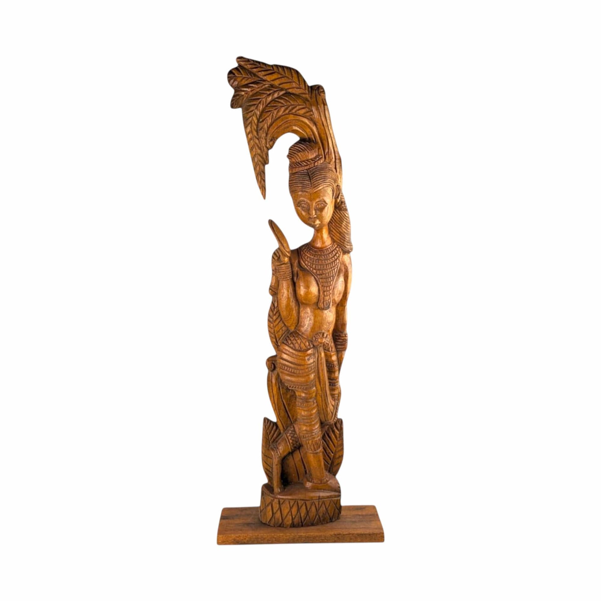 Vintage Hand-Carved Wooden Woman with Palm Frond Sculpture - 27" Tribal Art - Wood Statue - African Art
