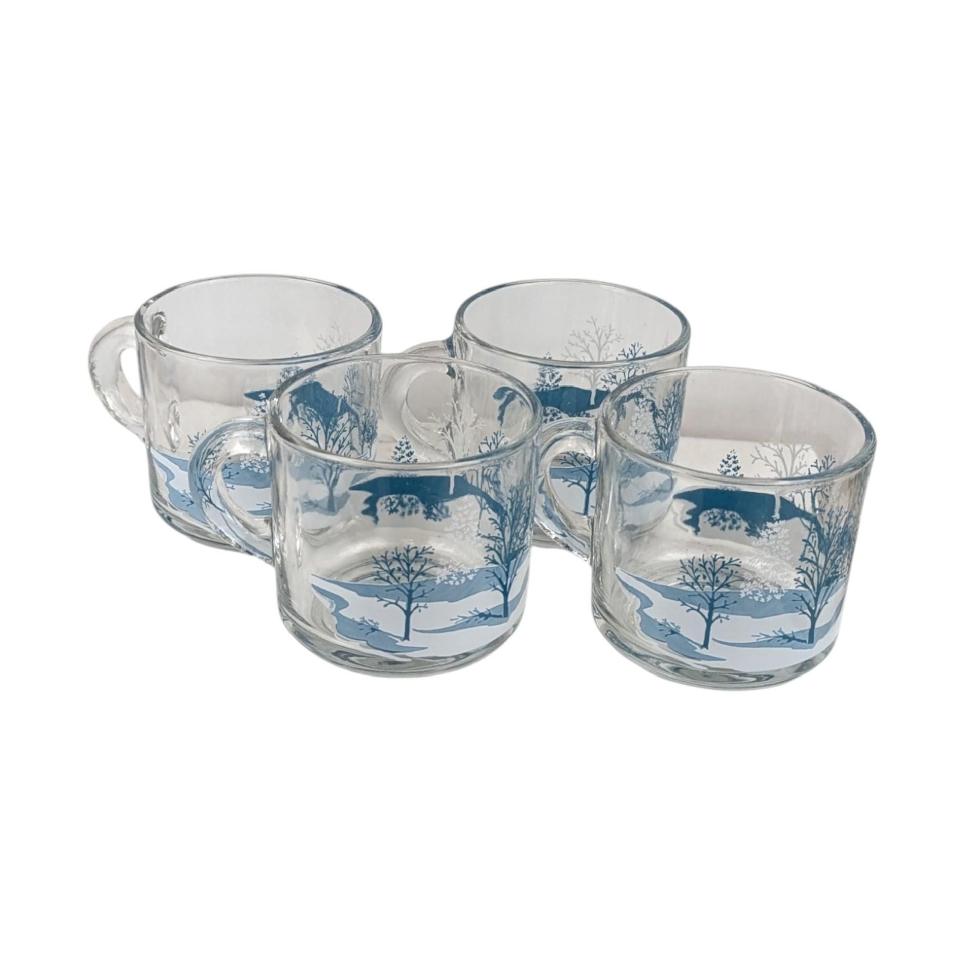 Anchor Hocking Winter Scene Mugs (Set of 4) - Blue and White Christmas Mugs