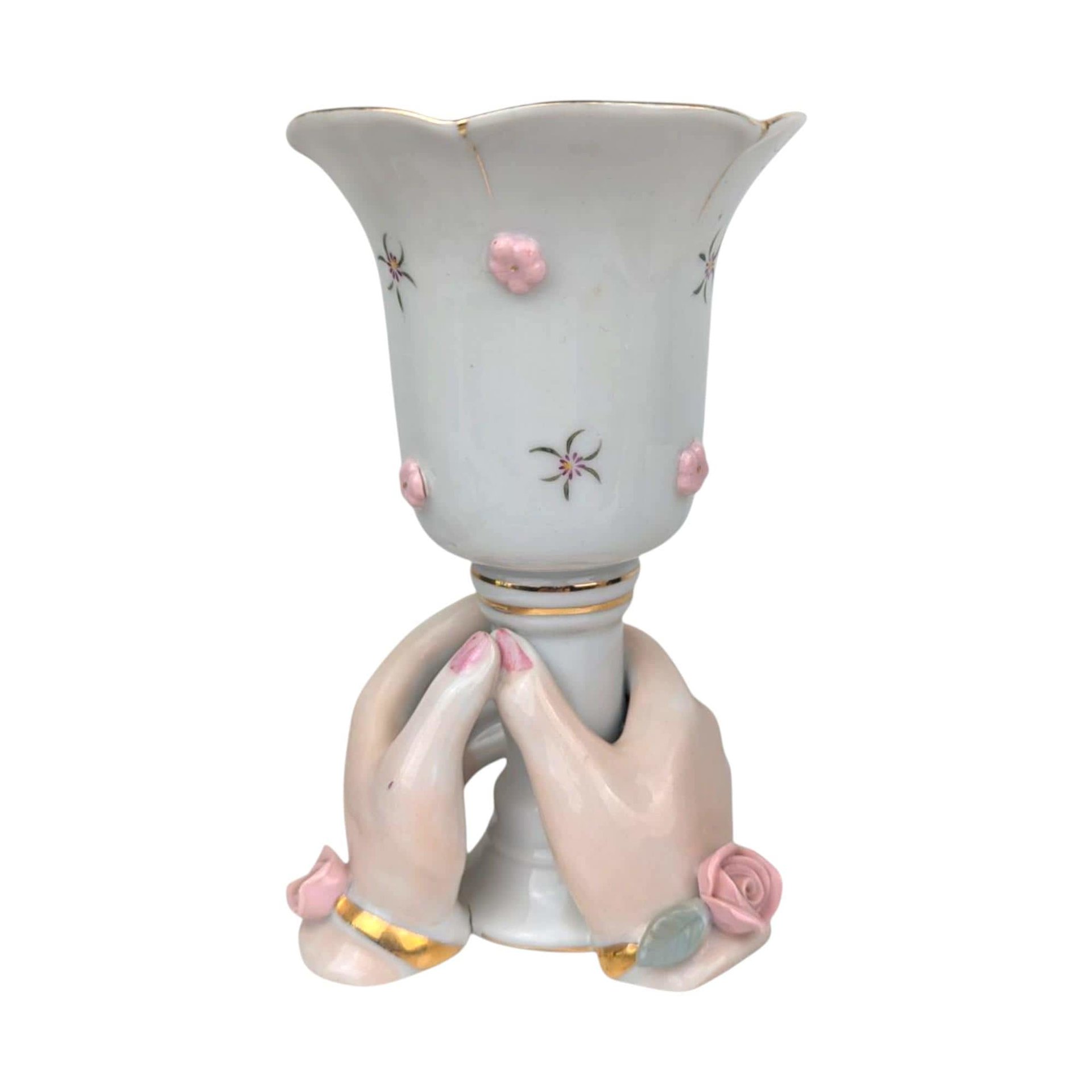 Vintage Ceramic Hand Candle Holders: Pink Roses, Gold Trim, Mid-Century Decor