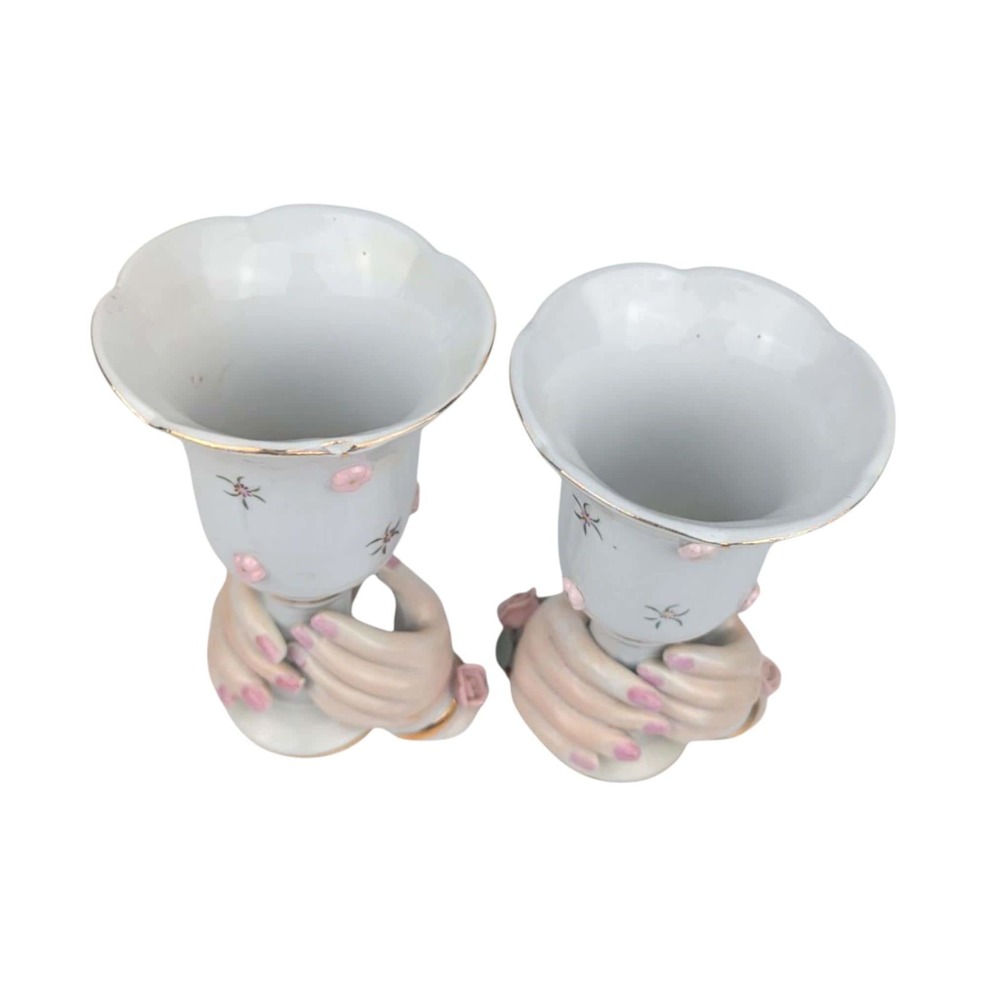 Vintage Ceramic Hand Candle Holders: Pink Roses, Gold Trim, Mid-Century Decor