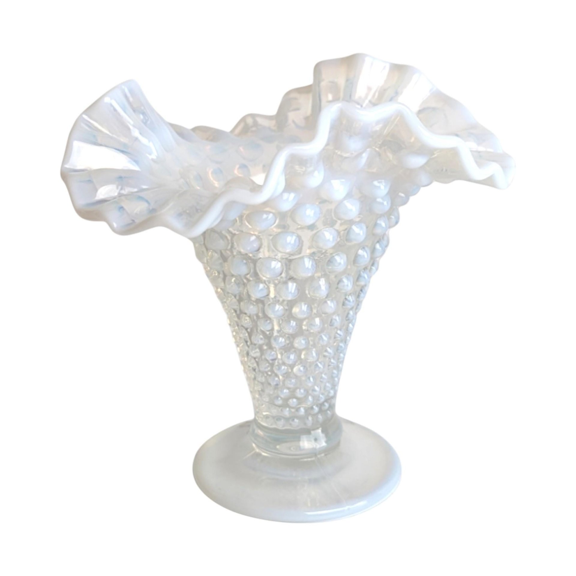 Vintage Fenton Moonstone Hobnail Vase: Opalescent Milk Glass Ruffled Vase