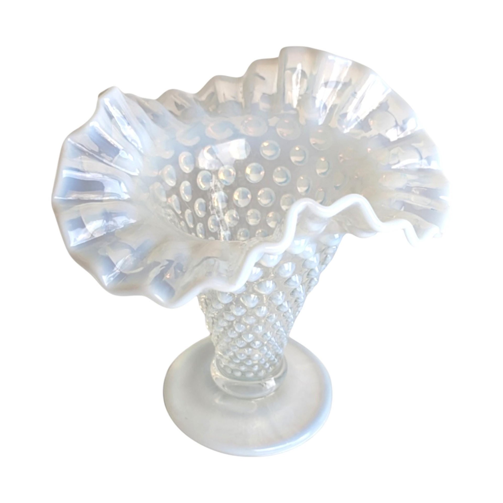 Vintage Fenton Moonstone Hobnail Vase: Opalescent Milk Glass Ruffled Vase