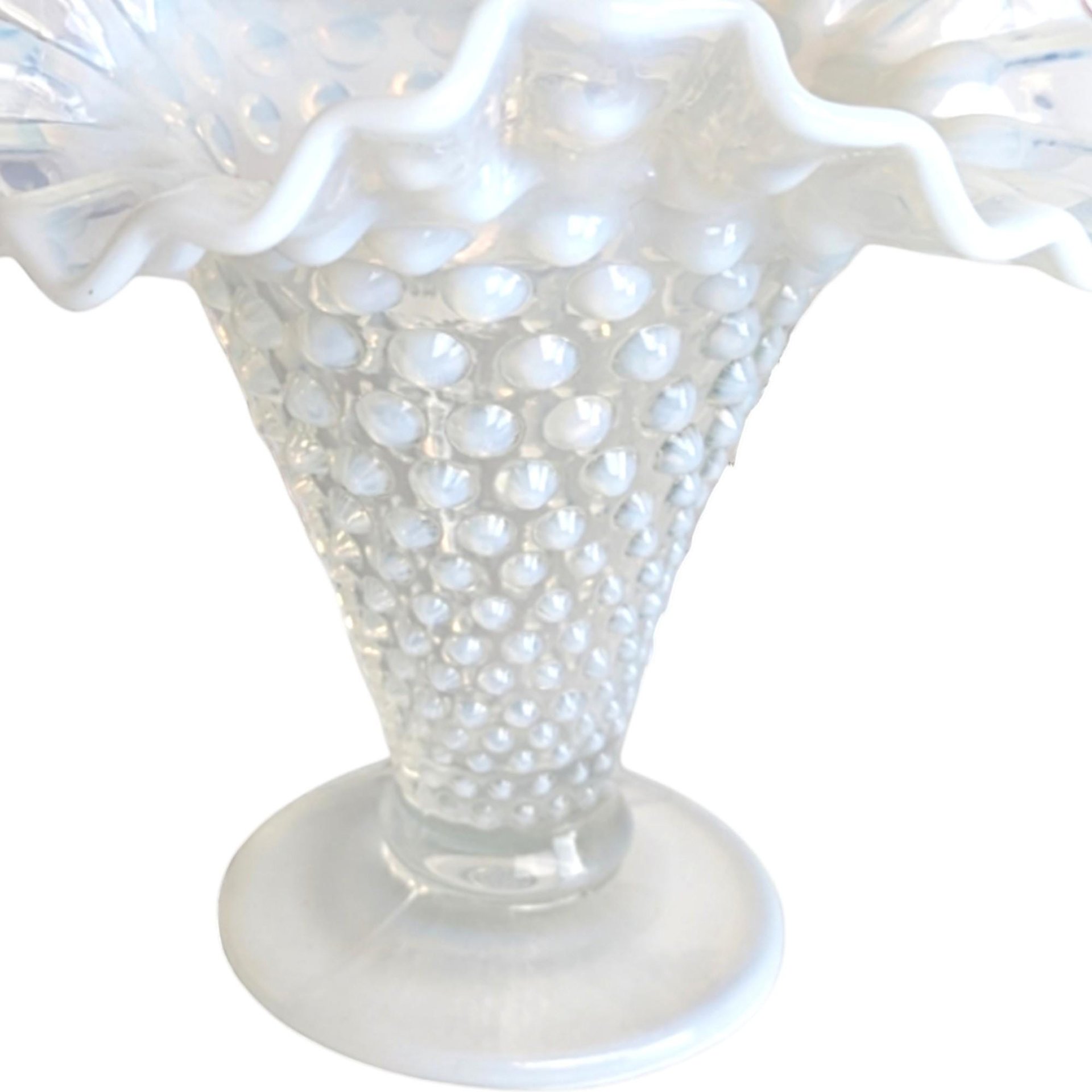 Vintage Fenton Moonstone Hobnail Vase: Opalescent Milk Glass Ruffled Vase