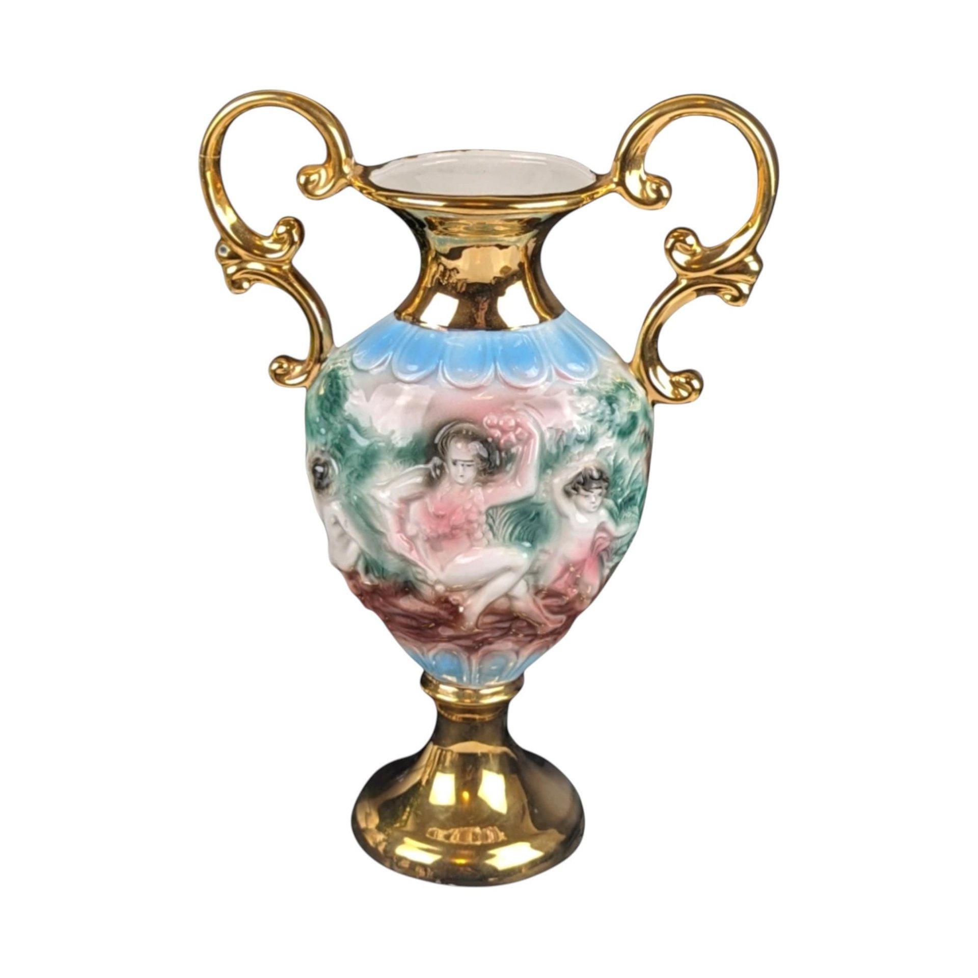 Vintage Italian Amphora Vase with Cherubs: Renaissance Style Porcelain Urn with 24K Gold