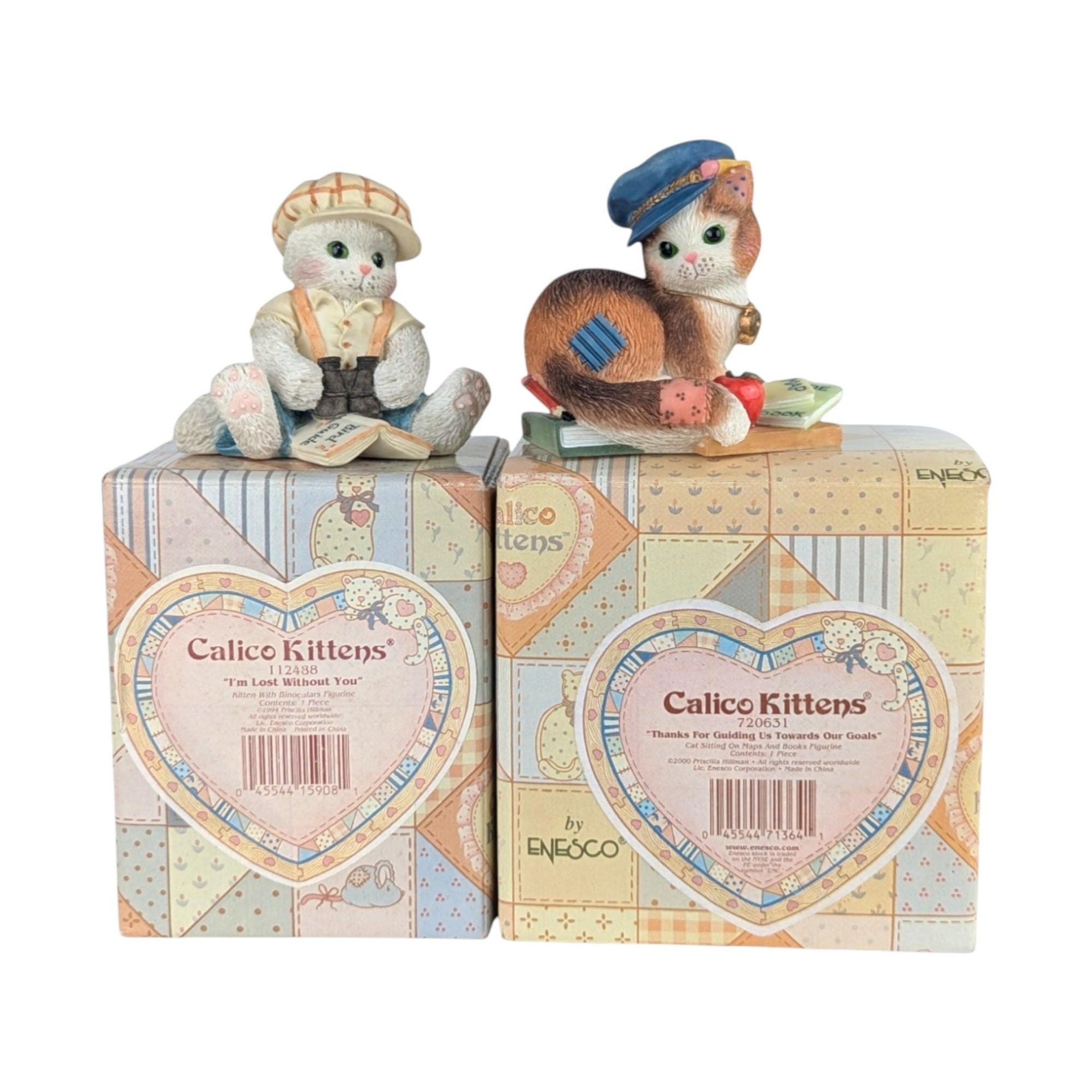 Enesco Calico Kittens Figurines: "Thanks for Guiding Us" & "I'm Lost Without You" With Boxes