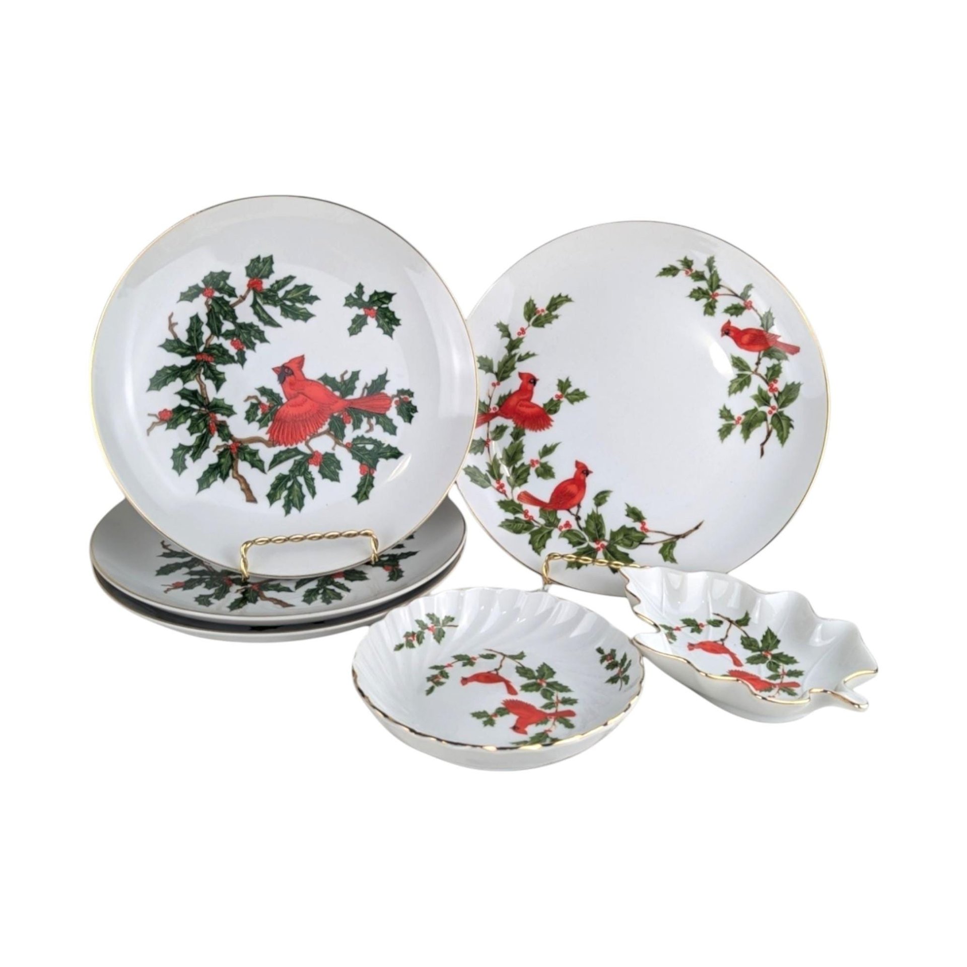 Vintage Lefton Cardinal Christmas Dishes: 6-Piece Porcelain Holiday Set