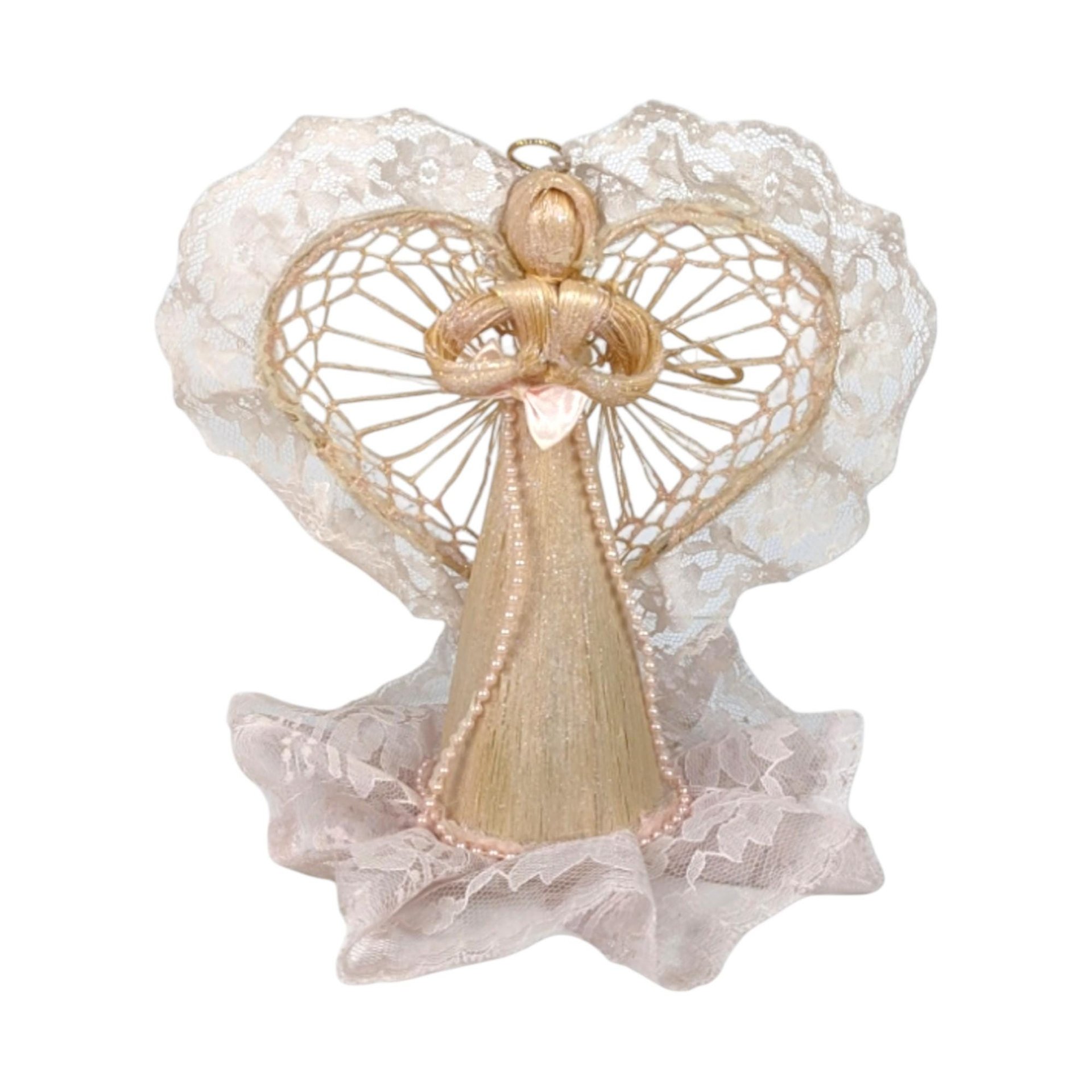 Vintage Fiber Angel Ornaments - Handmade Lace & Straw Christmas Decor