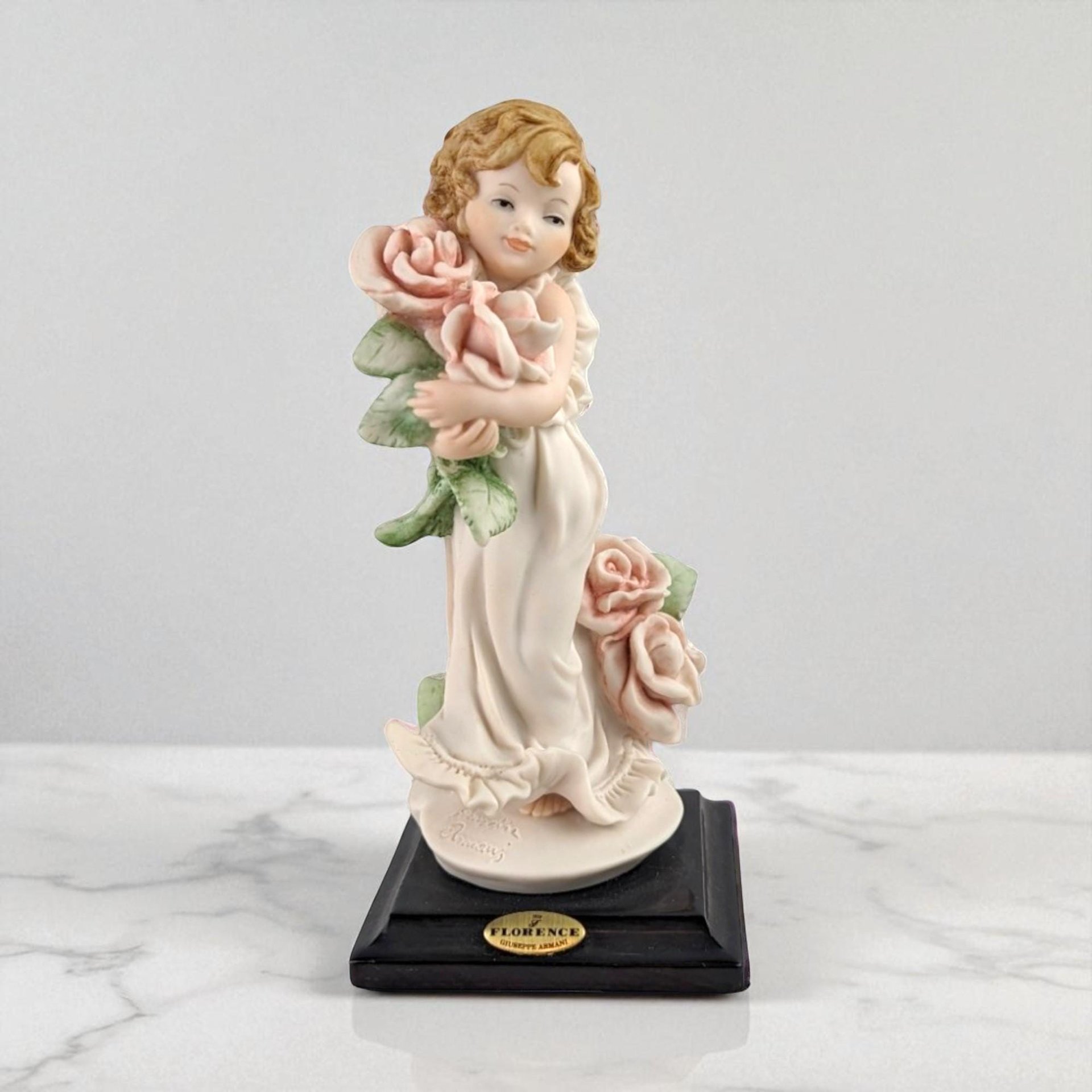 Vintage Florence Rosette Figurine: Giuseppe Armani Porcelain Girl with Roses