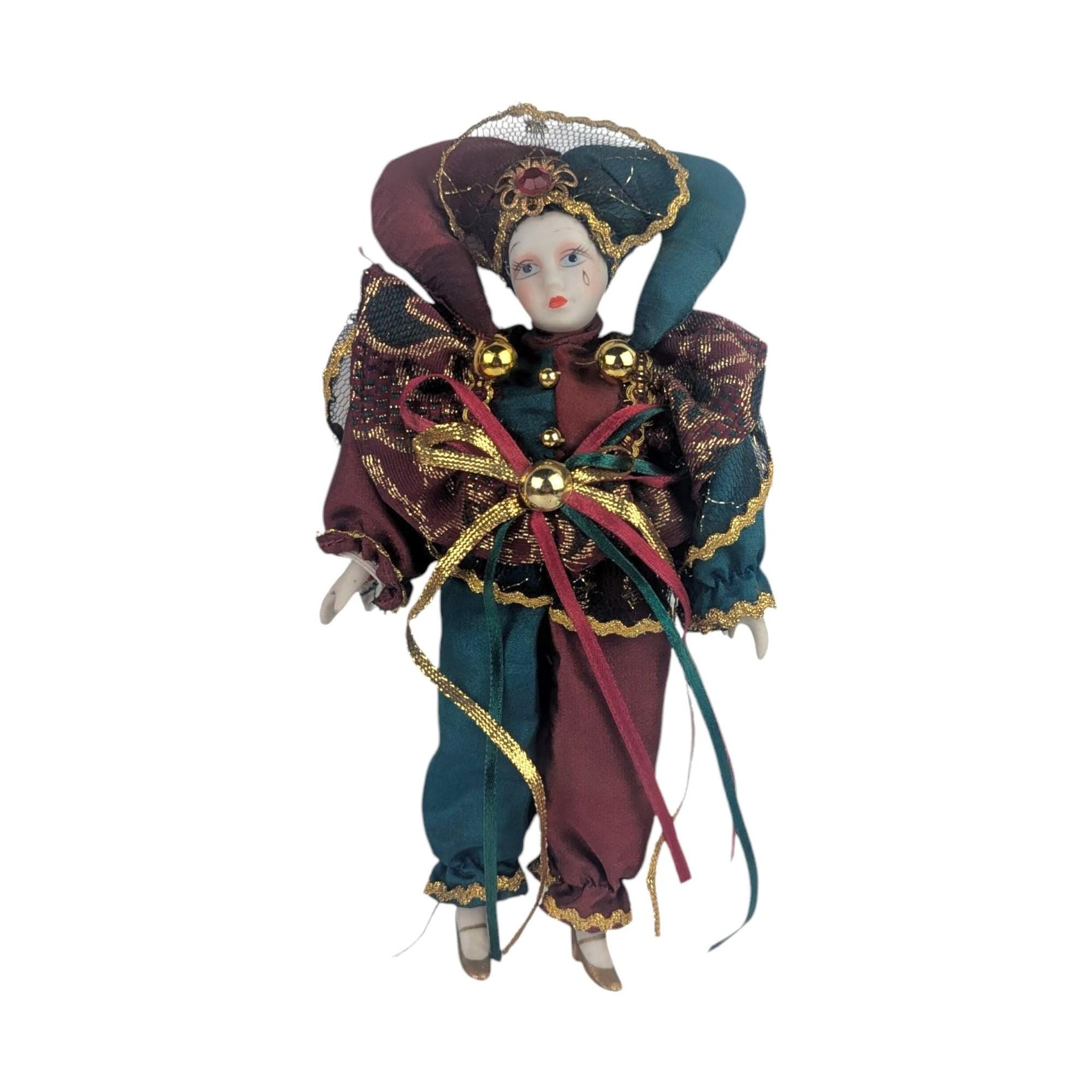 Vintage Porcelain Jester Clown Figurine, 8.25" Sad Clown Doll, Harlequin Decor, Whimsical Gift, Collectible Jester Figure