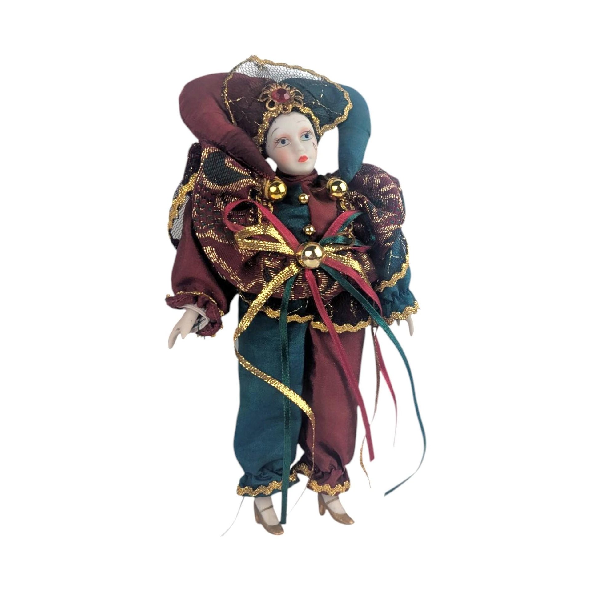Vintage Porcelain Jester Clown Figurine, 8.25" Sad Clown Doll, Harlequin Decor, Whimsical Gift, Collectible Jester Figure
