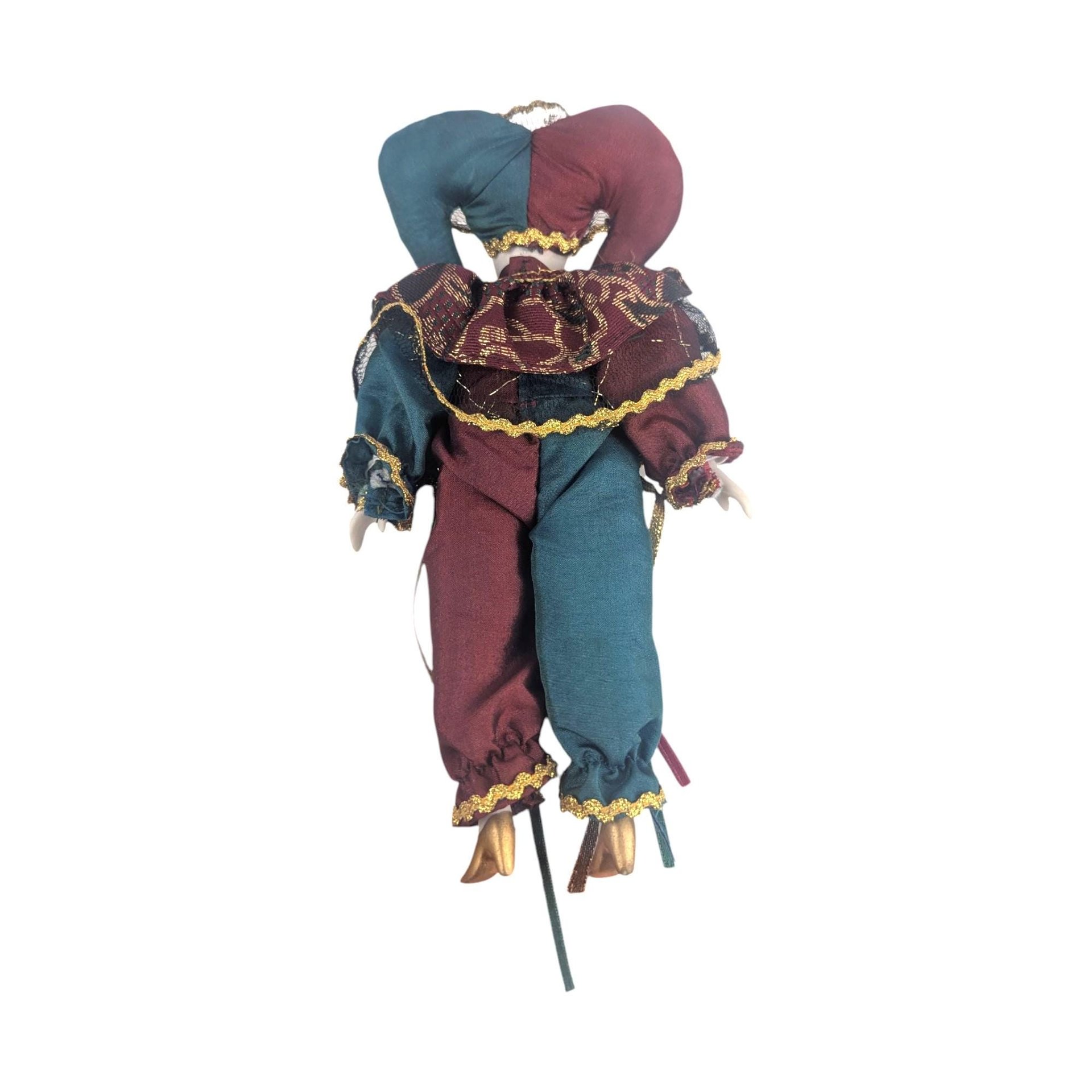 Vintage Porcelain Jester Clown Figurine, 8.25" Sad Clown Doll, Harlequin Decor, Whimsical Gift, Collectible Jester Figure