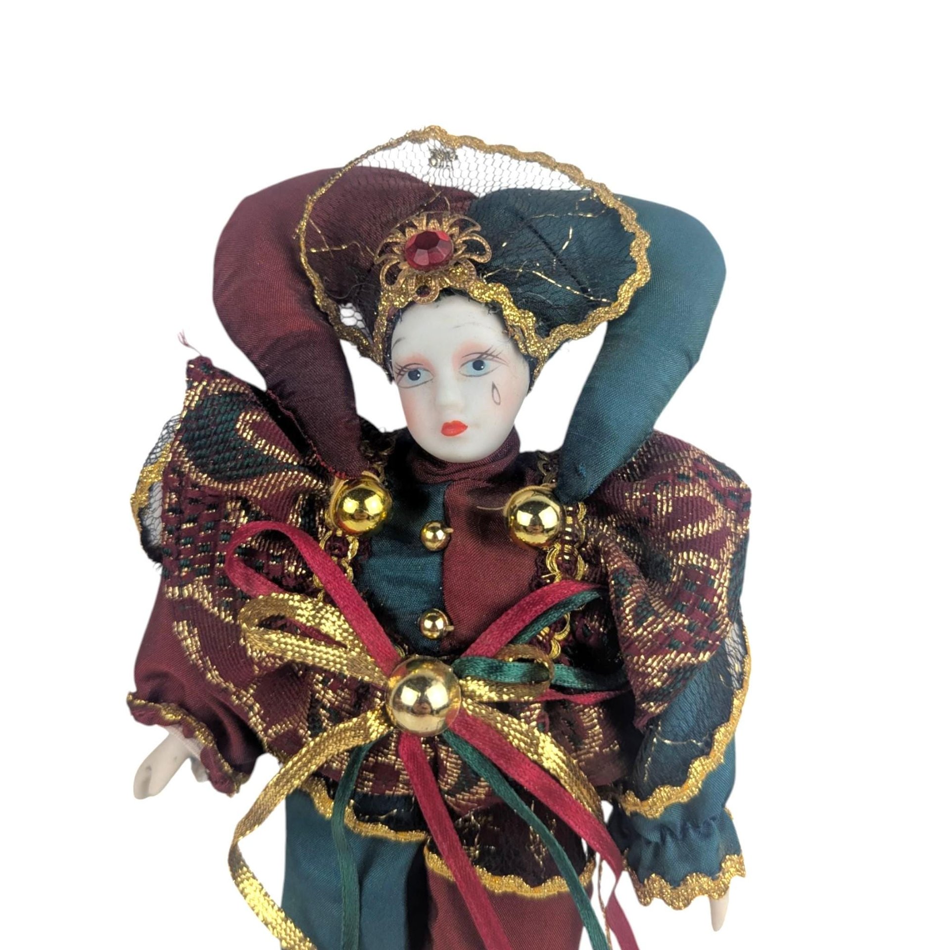Vintage Porcelain Jester Clown Figurine, 8.25" Sad Clown Doll, Harlequin Decor, Whimsical Gift, Collectible Jester Figure