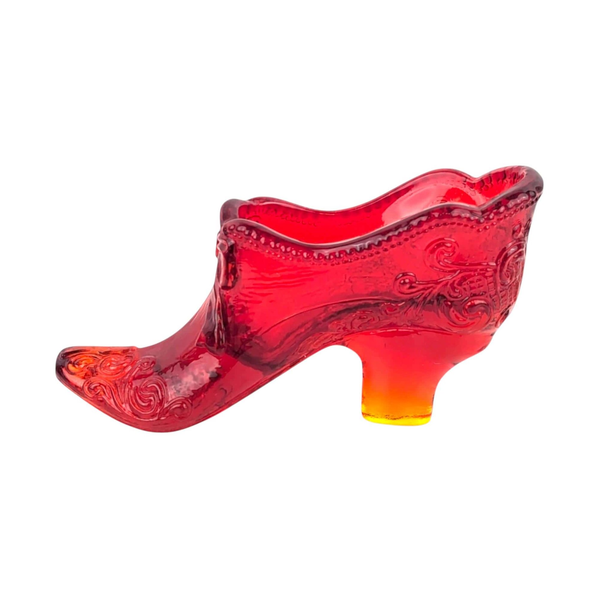 Vintage Amberina Glass Shoe: Floral Bow Art Glass Slipper