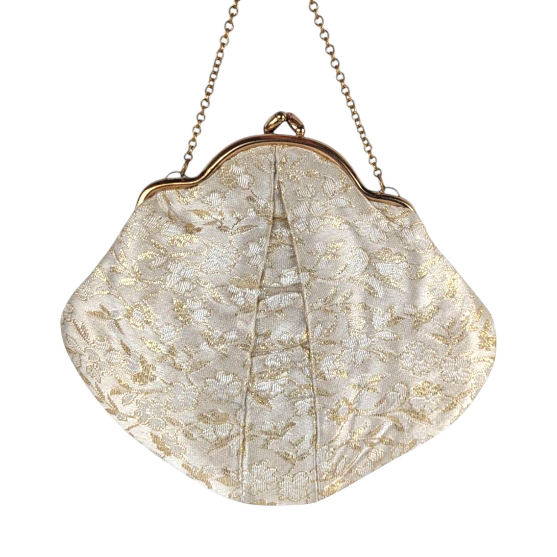 Elegant Vintage Floral Handbag: Cream and Gold Fabric Clutch