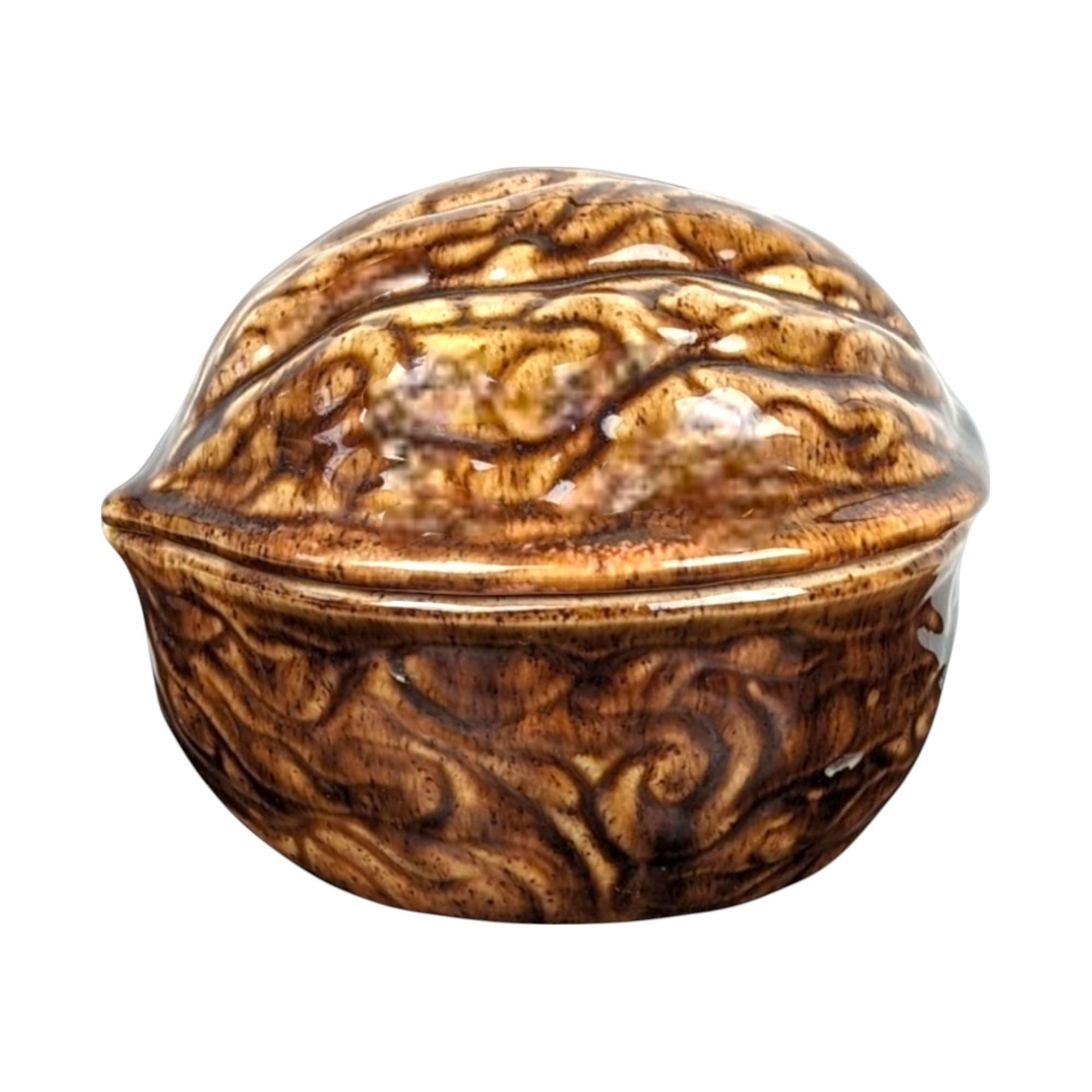 Hand Painted Walnut Trinket Box, Ceramic Walnut Bowl, Signed Bunny, Decorative Box, Unique Gift, Vintage Decor