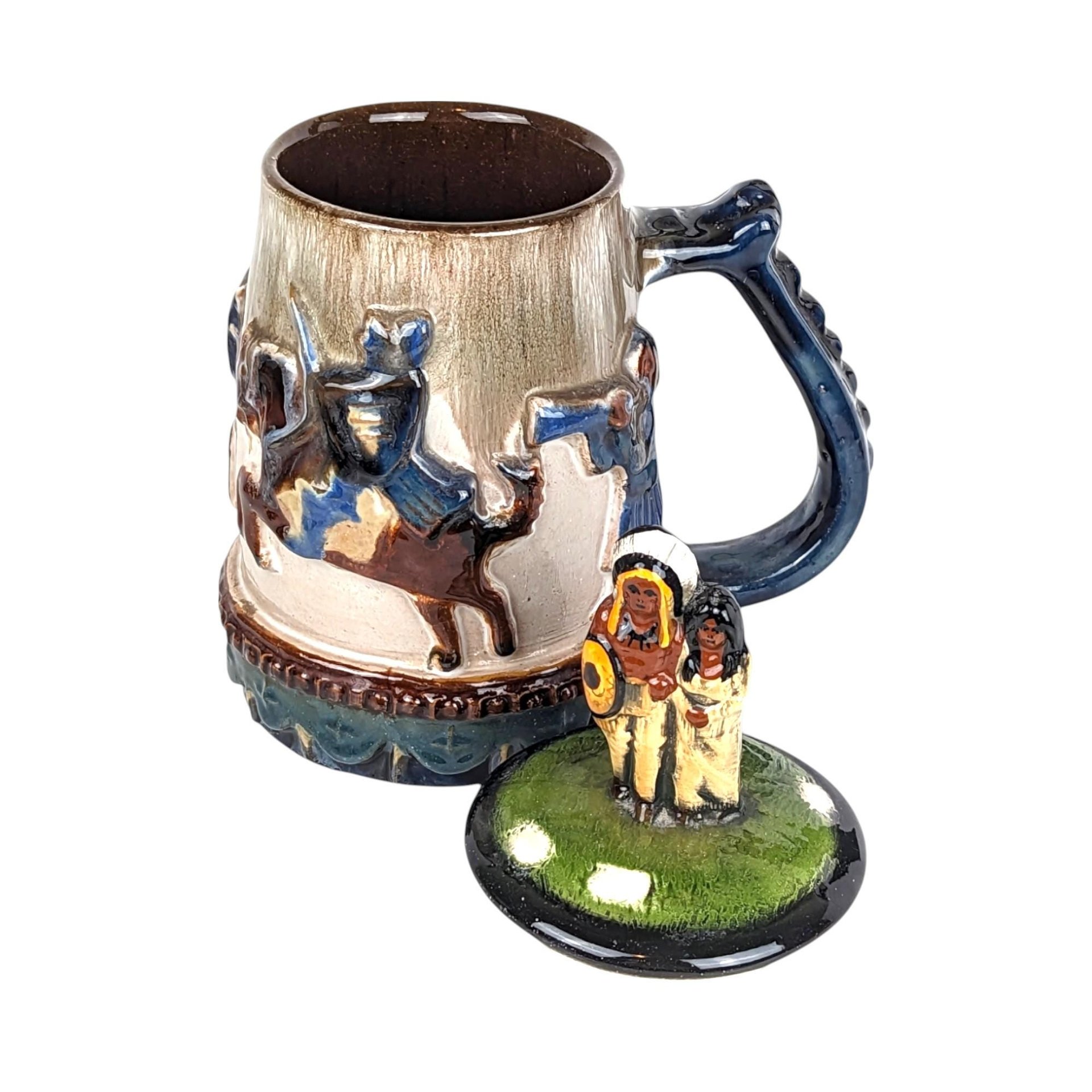 Vintage Stoneware Lidded Stein, Native American Horse Riders, Figural Lid, 9 Inches