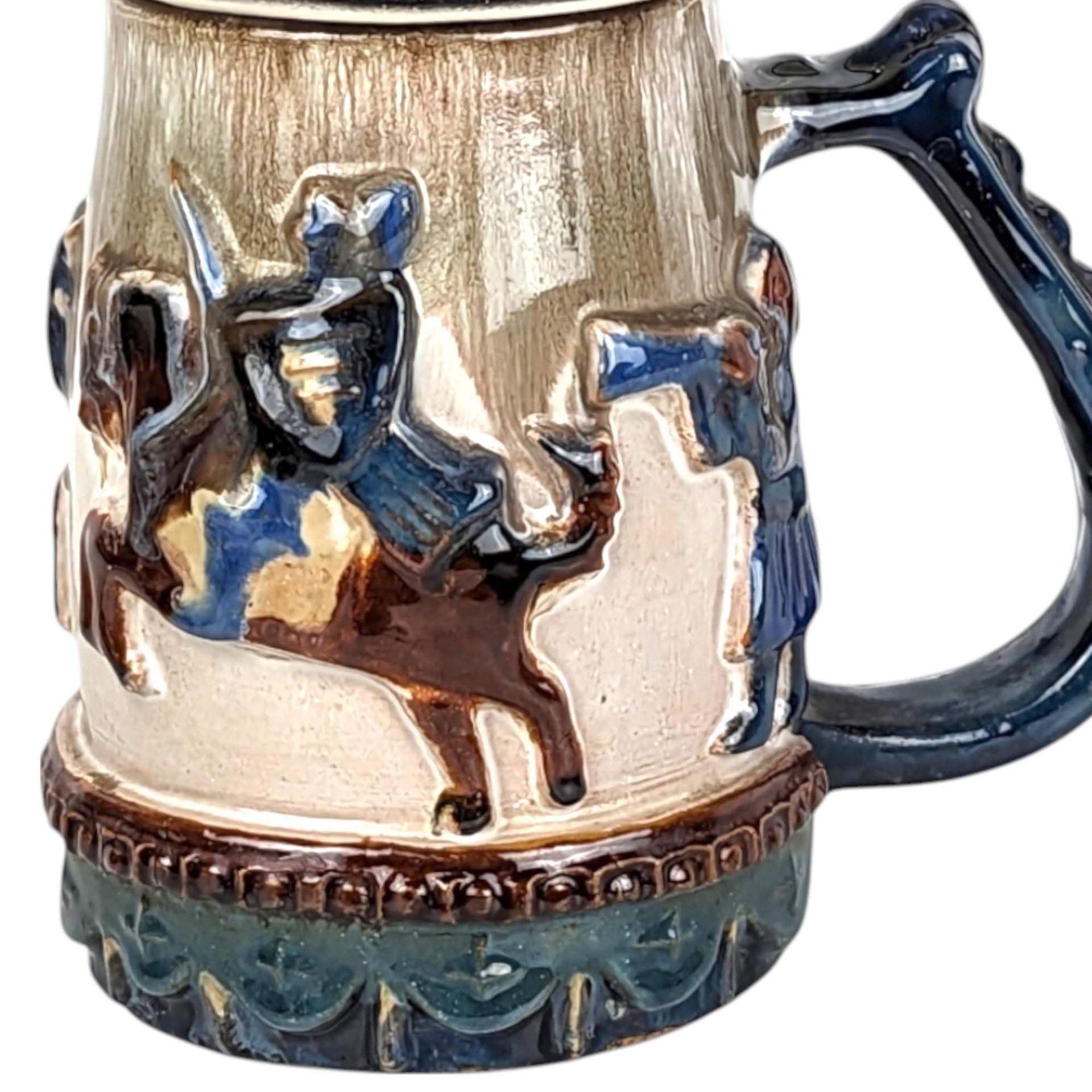 Vintage Stoneware Lidded Stein, Native American Horse Riders, Figural Lid, 9 Inches