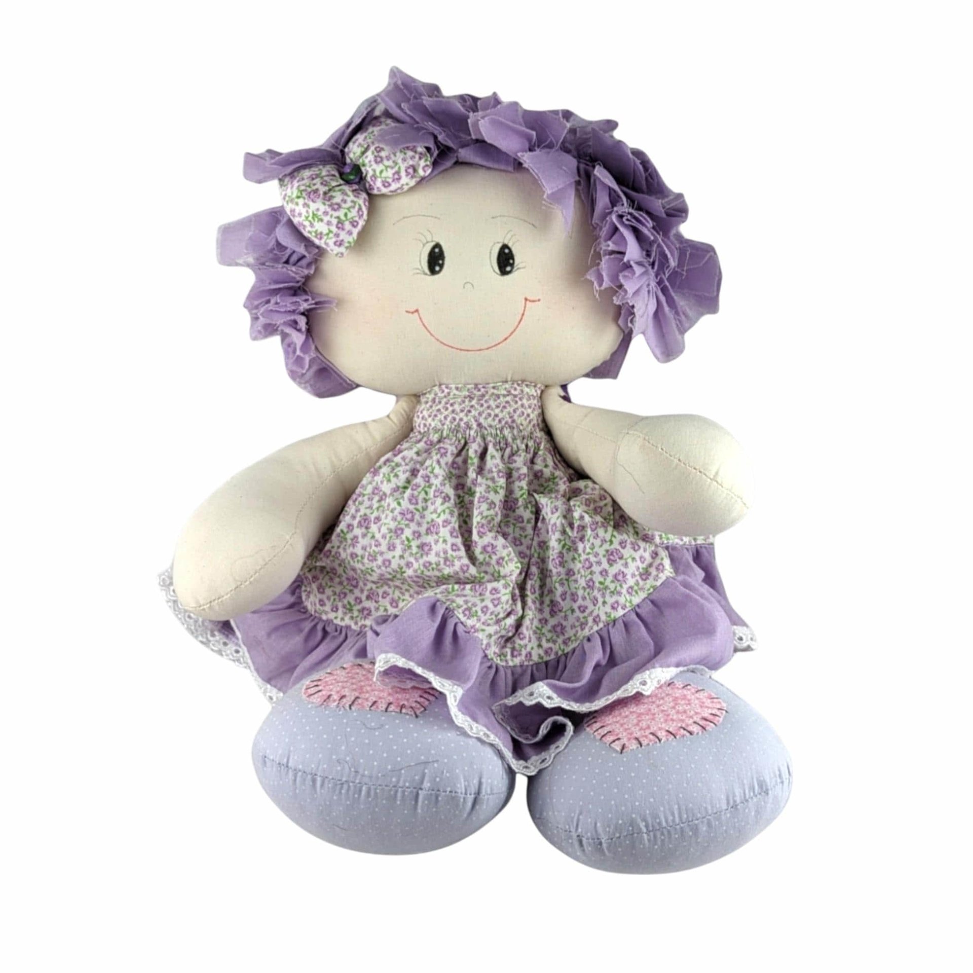 Vintage Handmade 19" Doll: Purple Floral Dress, Collectible Toy