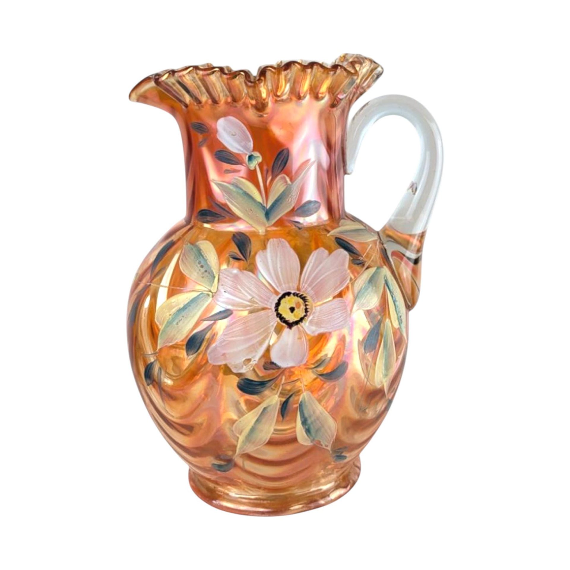 Vintage Fenton Marigold Iridescent Pitcher: Hand-Painted Floral Carnival Glass