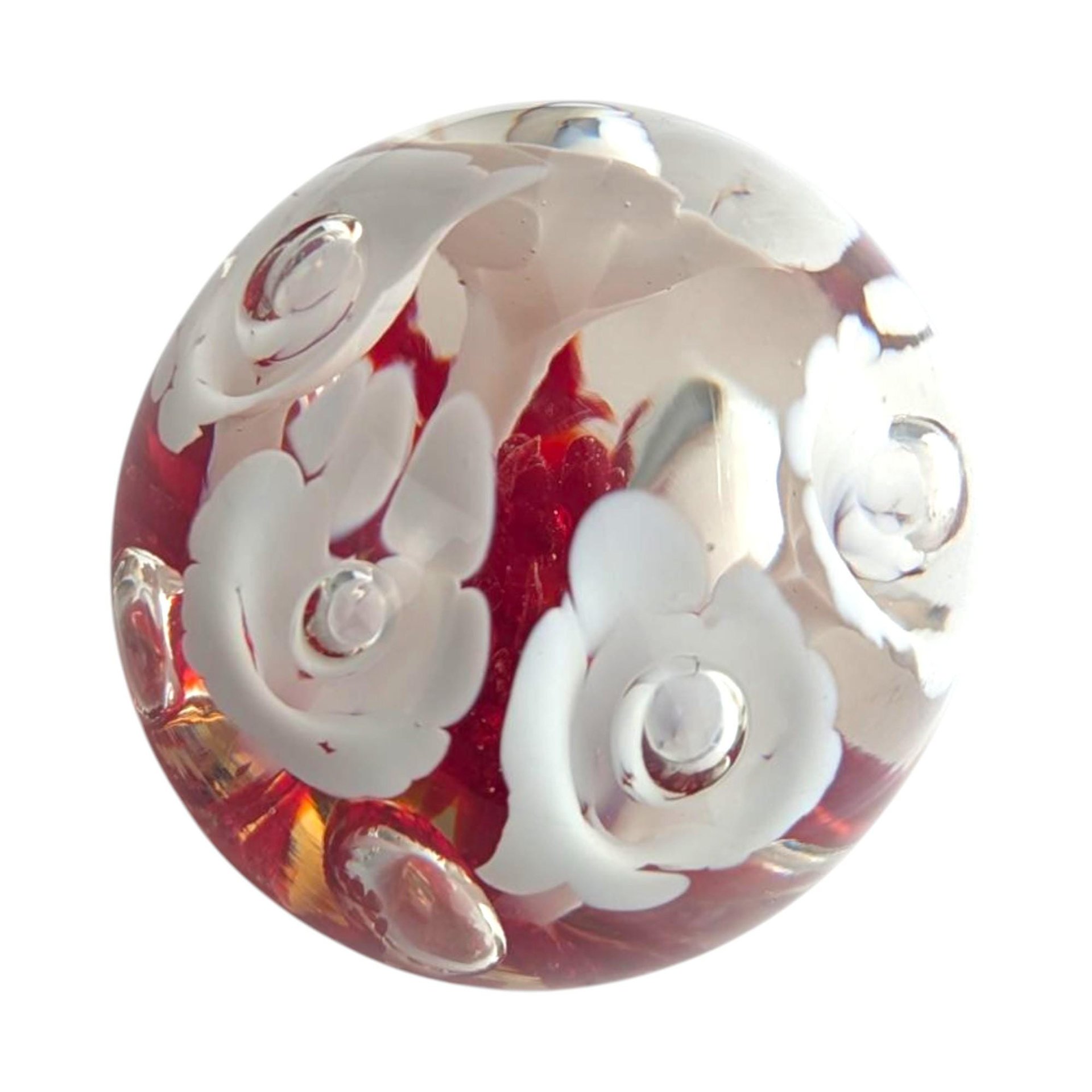 Vintage Art Glass Paperweight: Red Base, White Flower Design