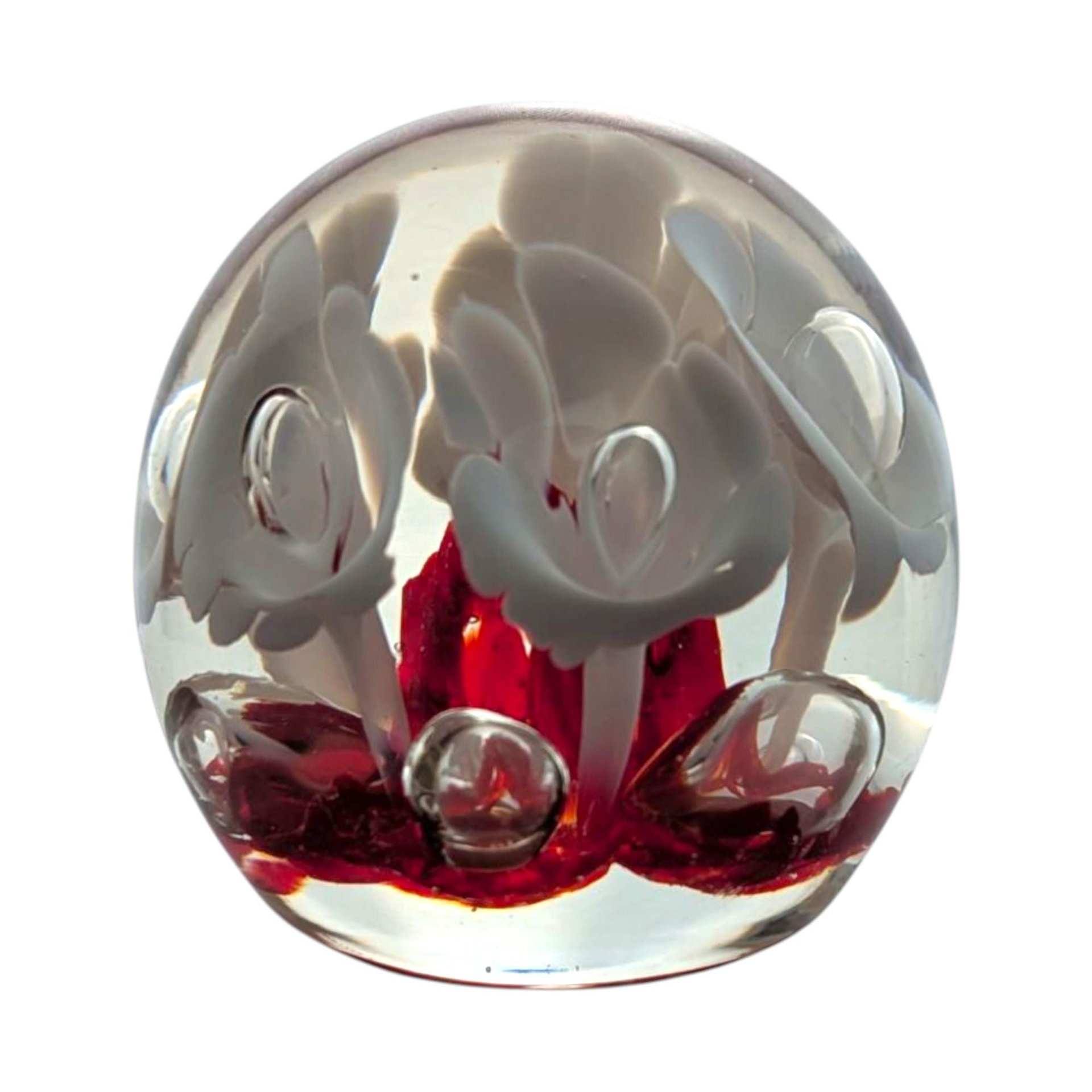 Vintage Art Glass Paperweight: Red Base, White Flower Design