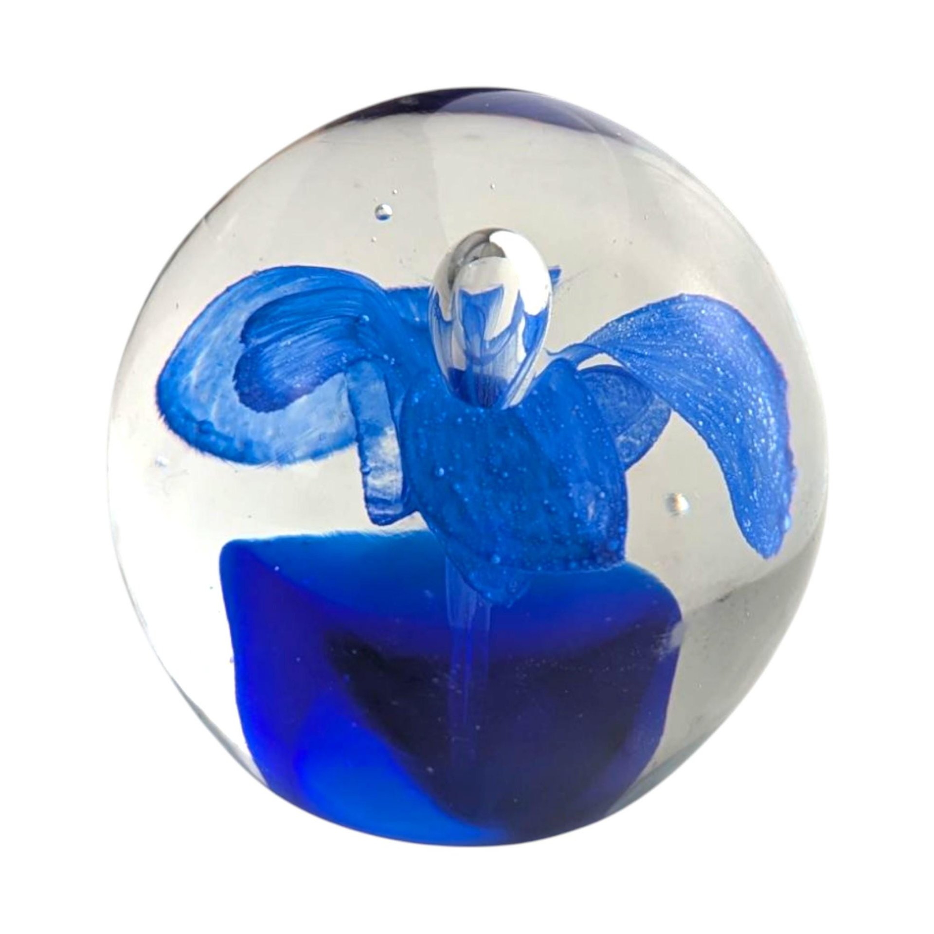 Vintage Glass Paperweight: Blue Flower Center, Floral Desk Accessory (2.25" Round)